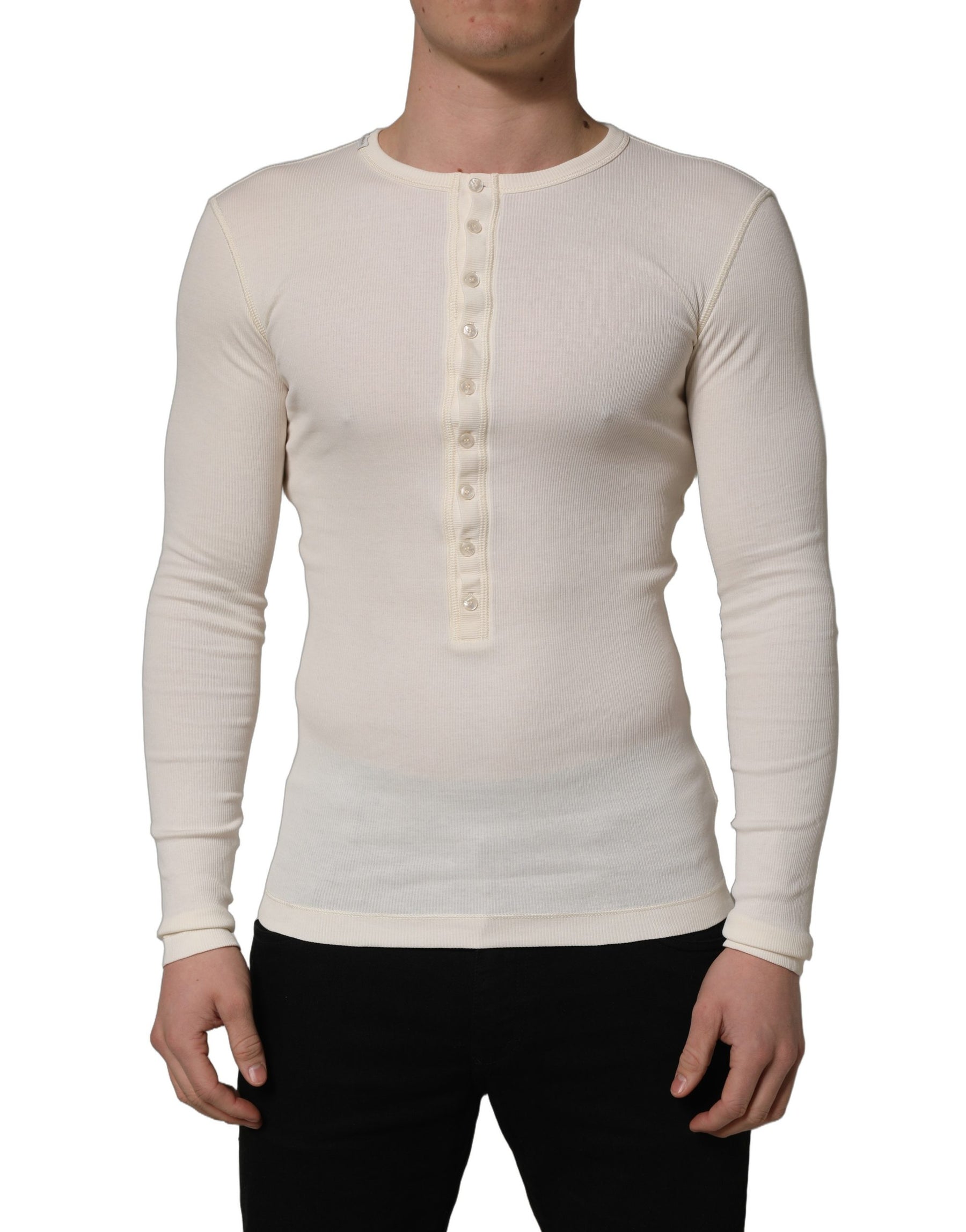 Dolce & Gabbana White Long Sleeves Henley Pullover Sweater | Regal Royce