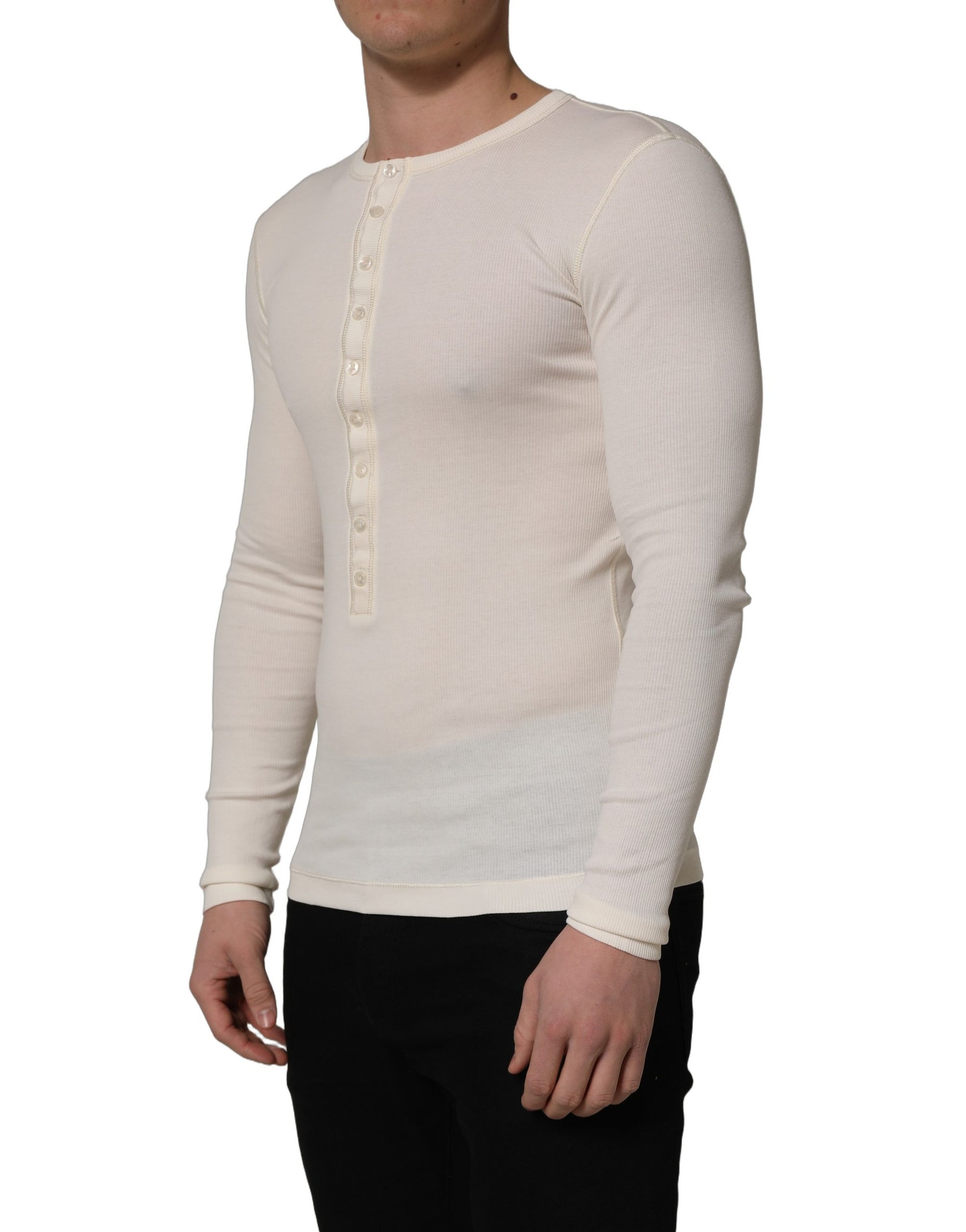 Dolce & Gabbana White Long Sleeves Henley Pullover Sweater | Regal Royce