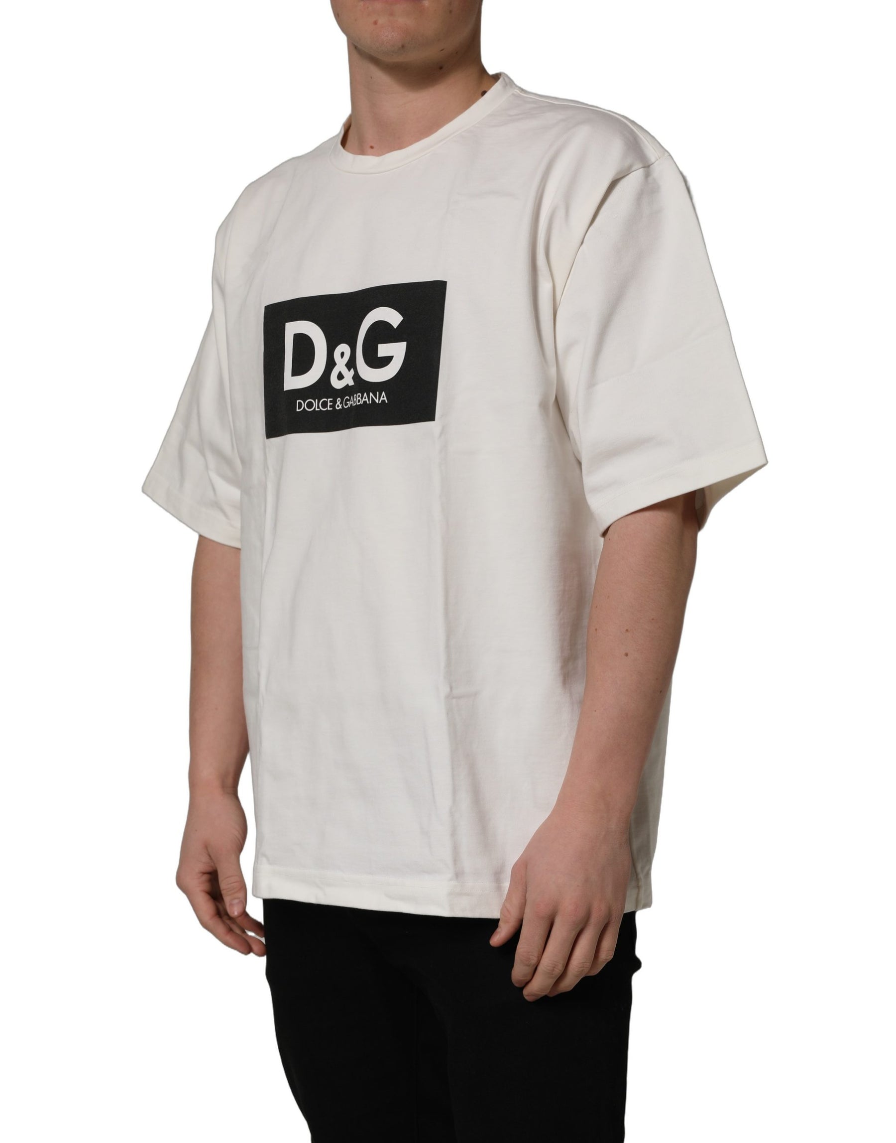 Dolce & Gabbana White Logo Print Cotton Crew Neck Men T-shirt | Regal Royce