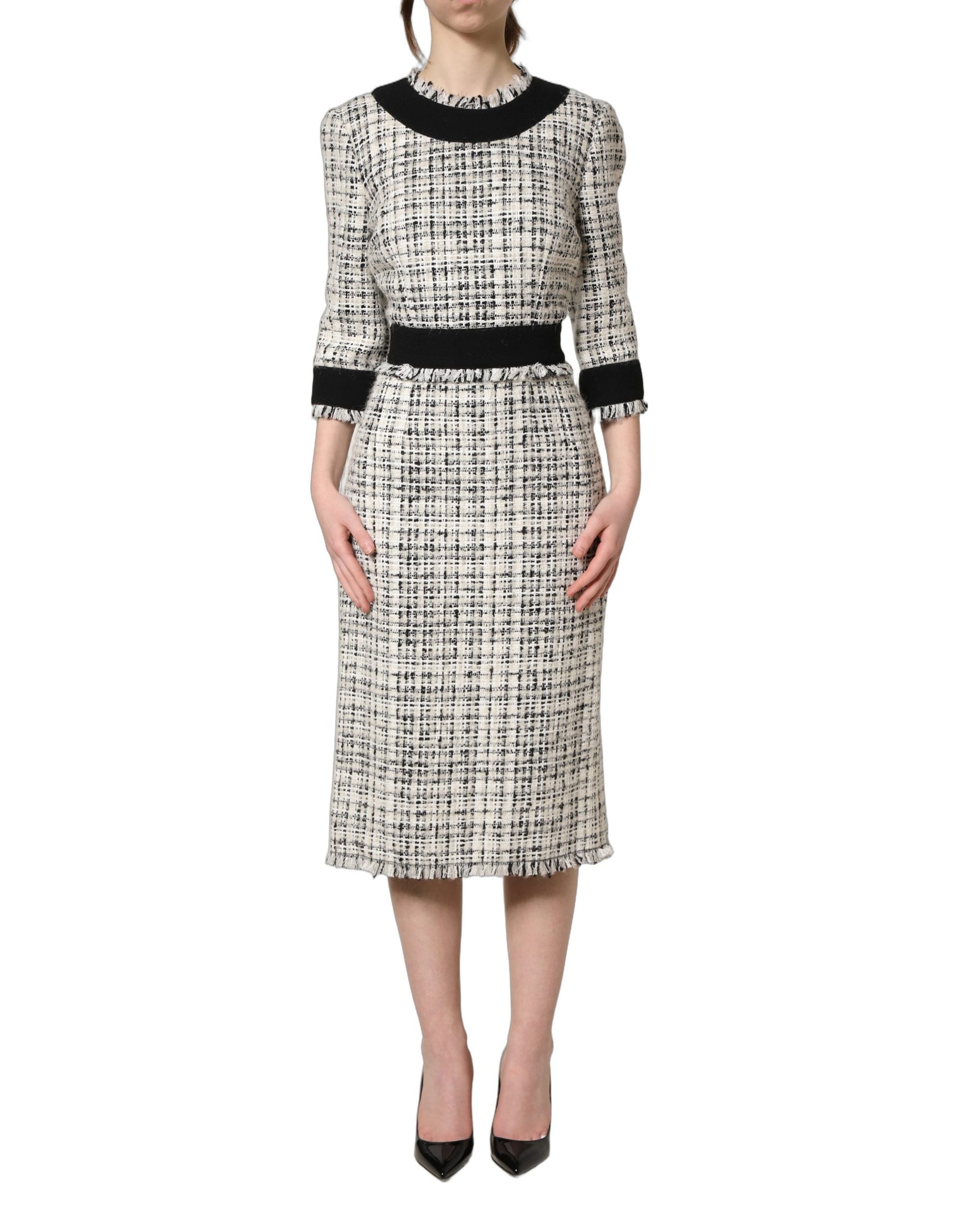 Dolce & Gabbana Black White Tweed Sheath A-line Midi Dress | Regal Royce