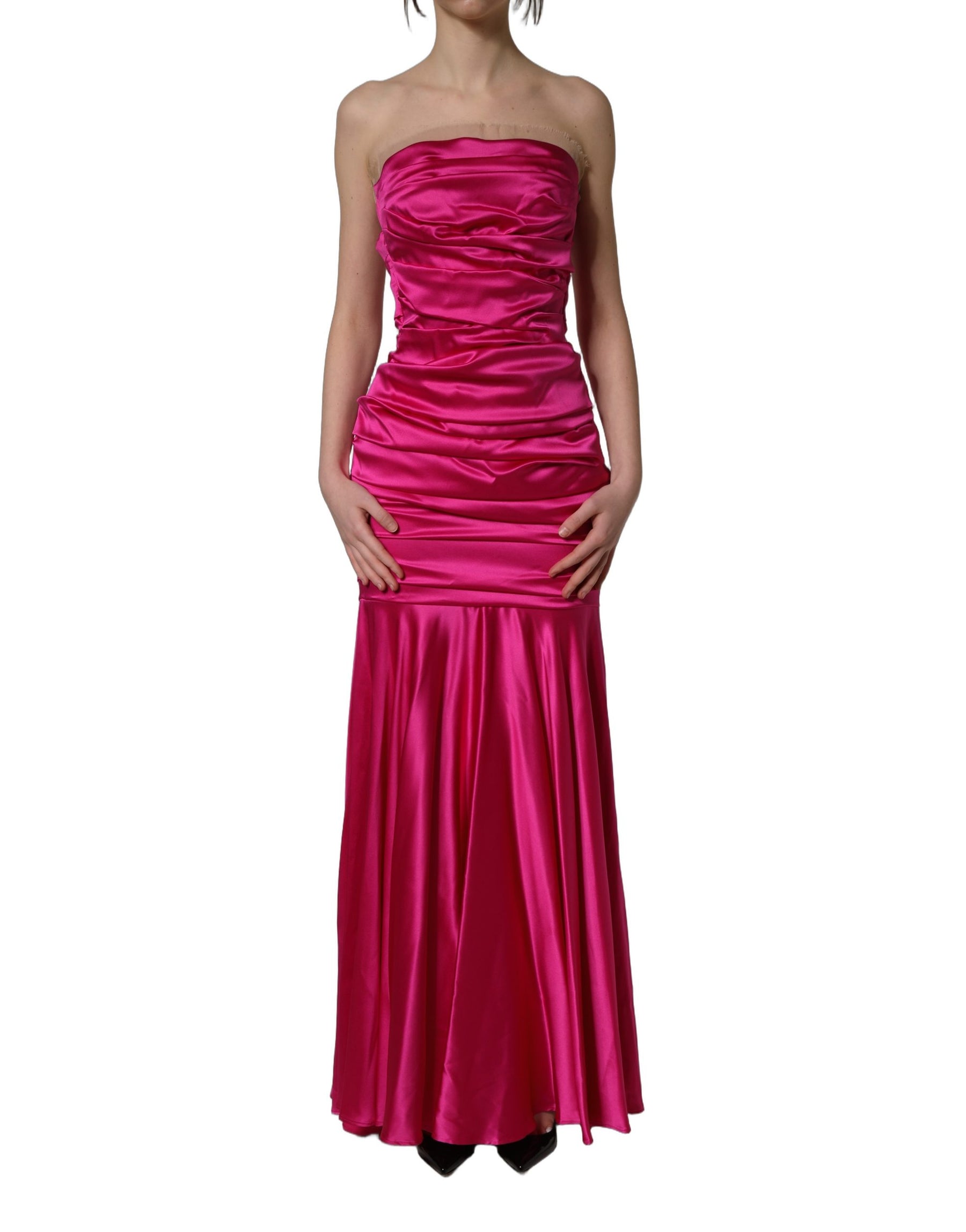 Dolce & Gabbana Hot Pink Ruched Satin Strapless Gown Dress | Regal Royce