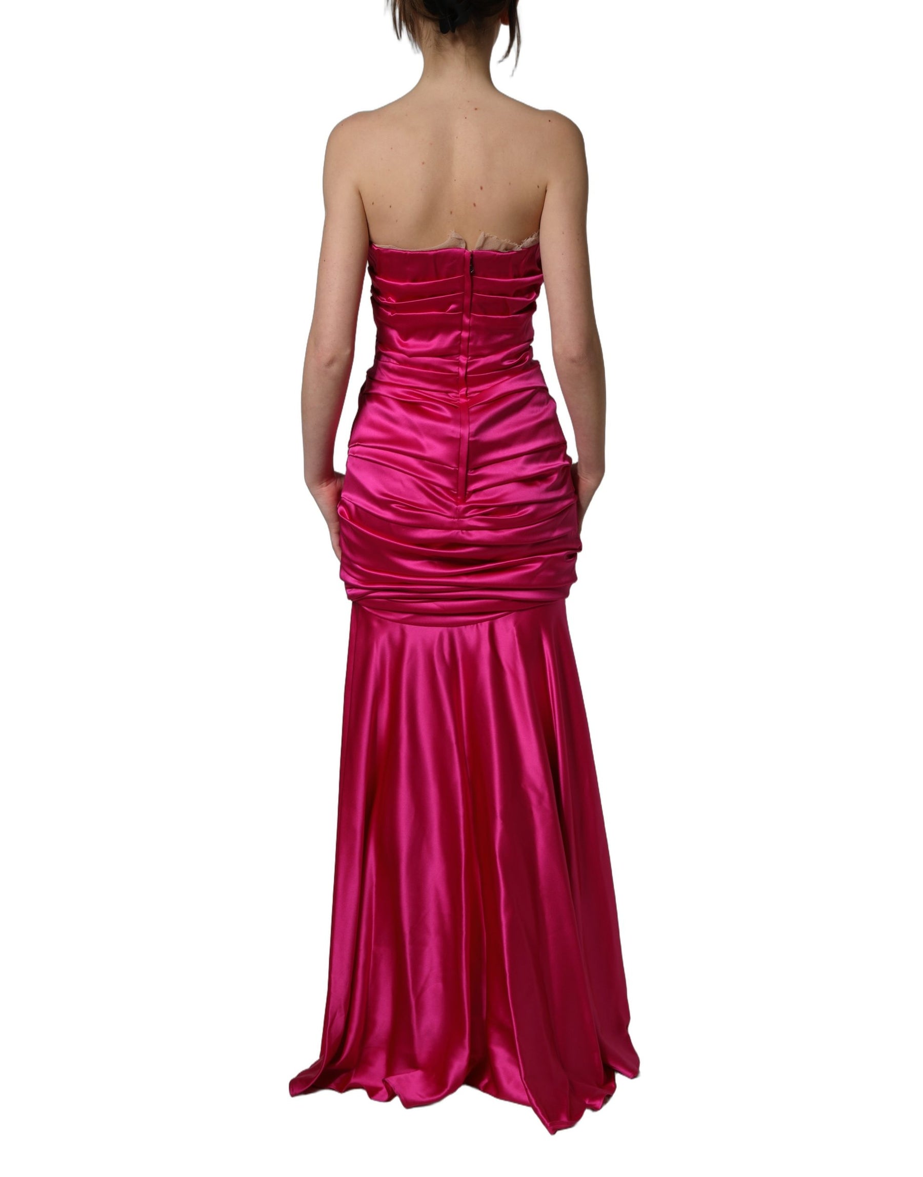 Dolce & Gabbana Hot Pink Ruched Satin Strapless Gown Dress | Regal Royce