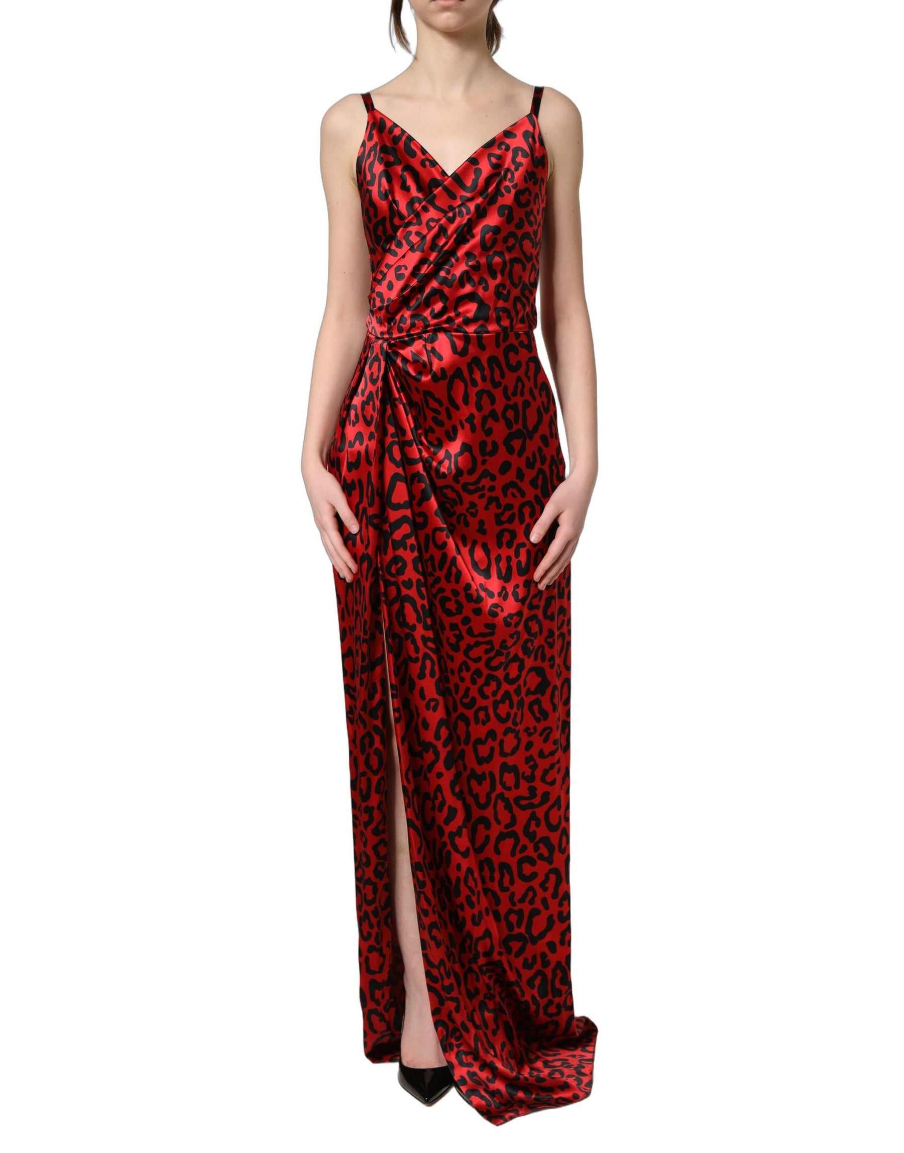 Dolce & Gabbana Red Leopard Draped Sleeveless Maxi Dress | Regal Royce