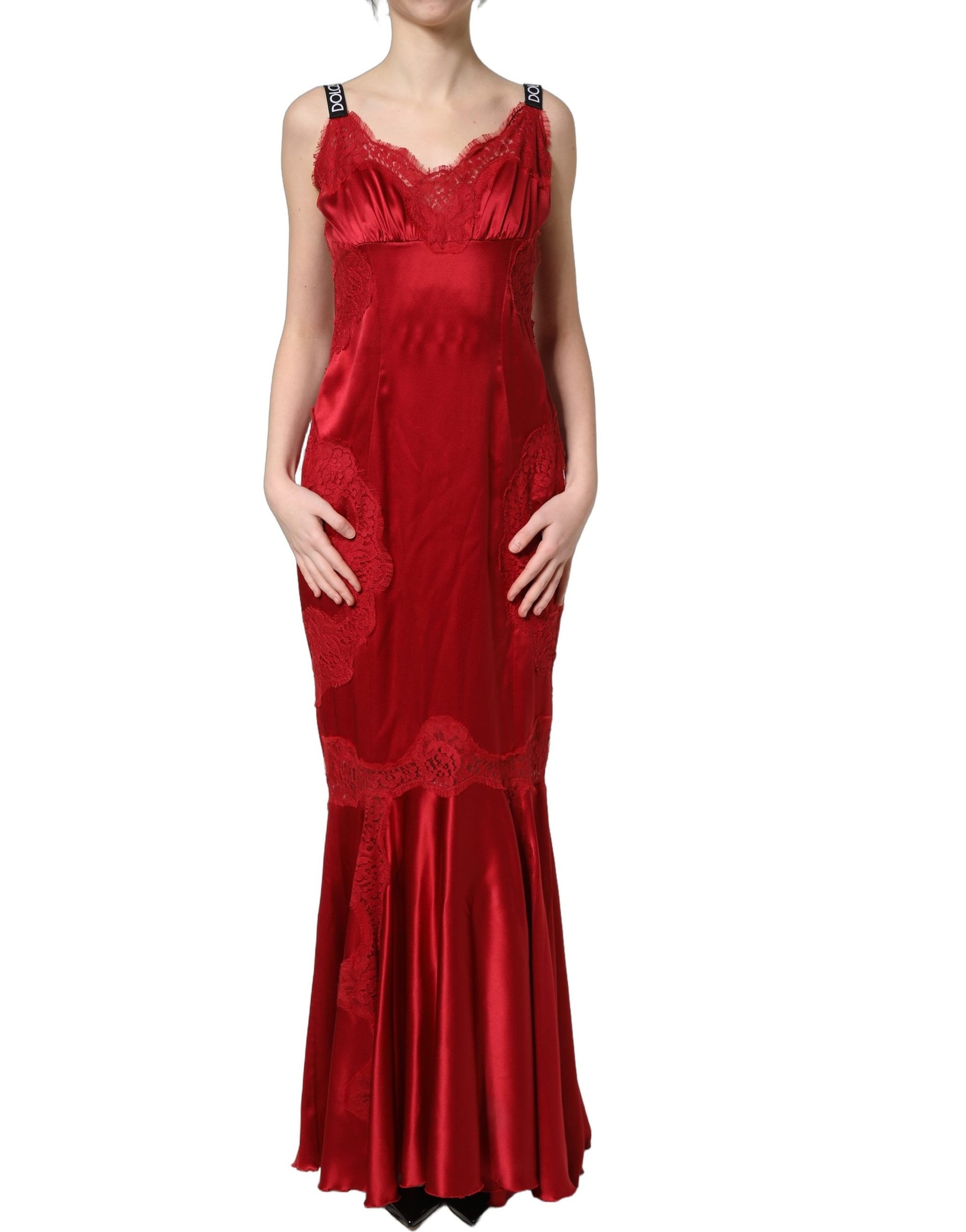 Dolce & Gabbana Red Silk Sleeveless Maxi Long Lace Trim Dress | Regal Royce