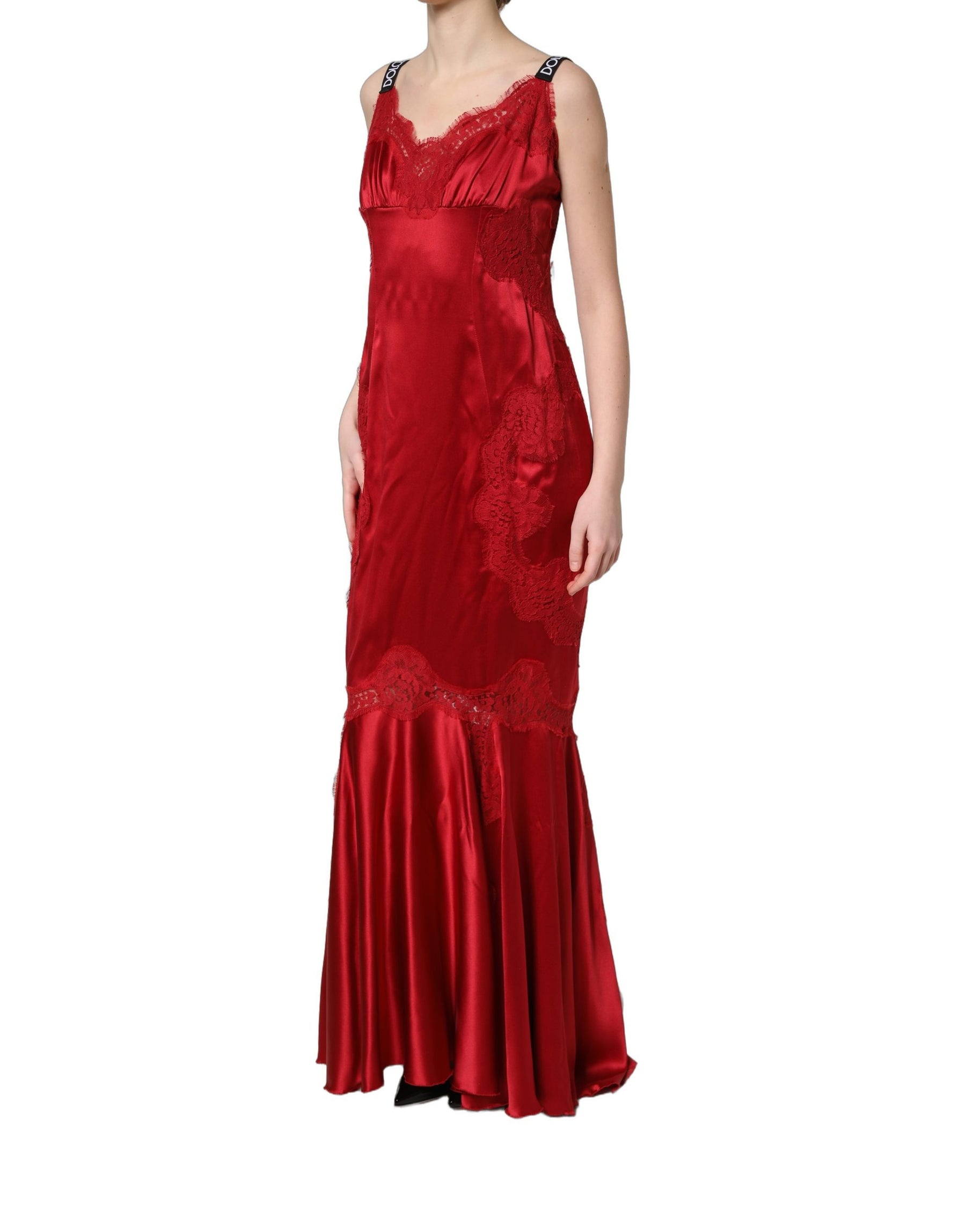 Dolce & Gabbana Red Silk Sleeveless Maxi Long Lace Trim Dress | Regal Royce