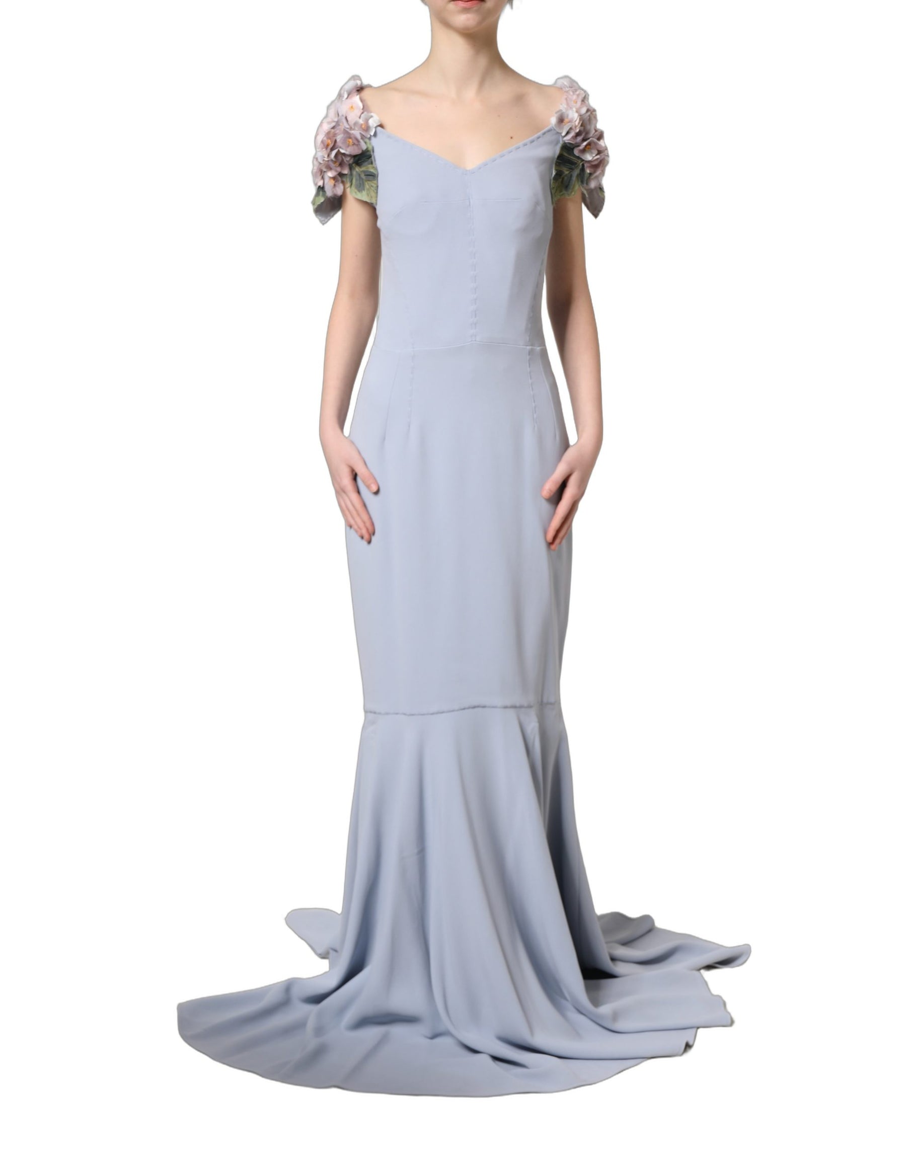 Dolce & Gabbana Light Blue Hydrangea Embellished Cap Sleeve Dress | Regal Royce