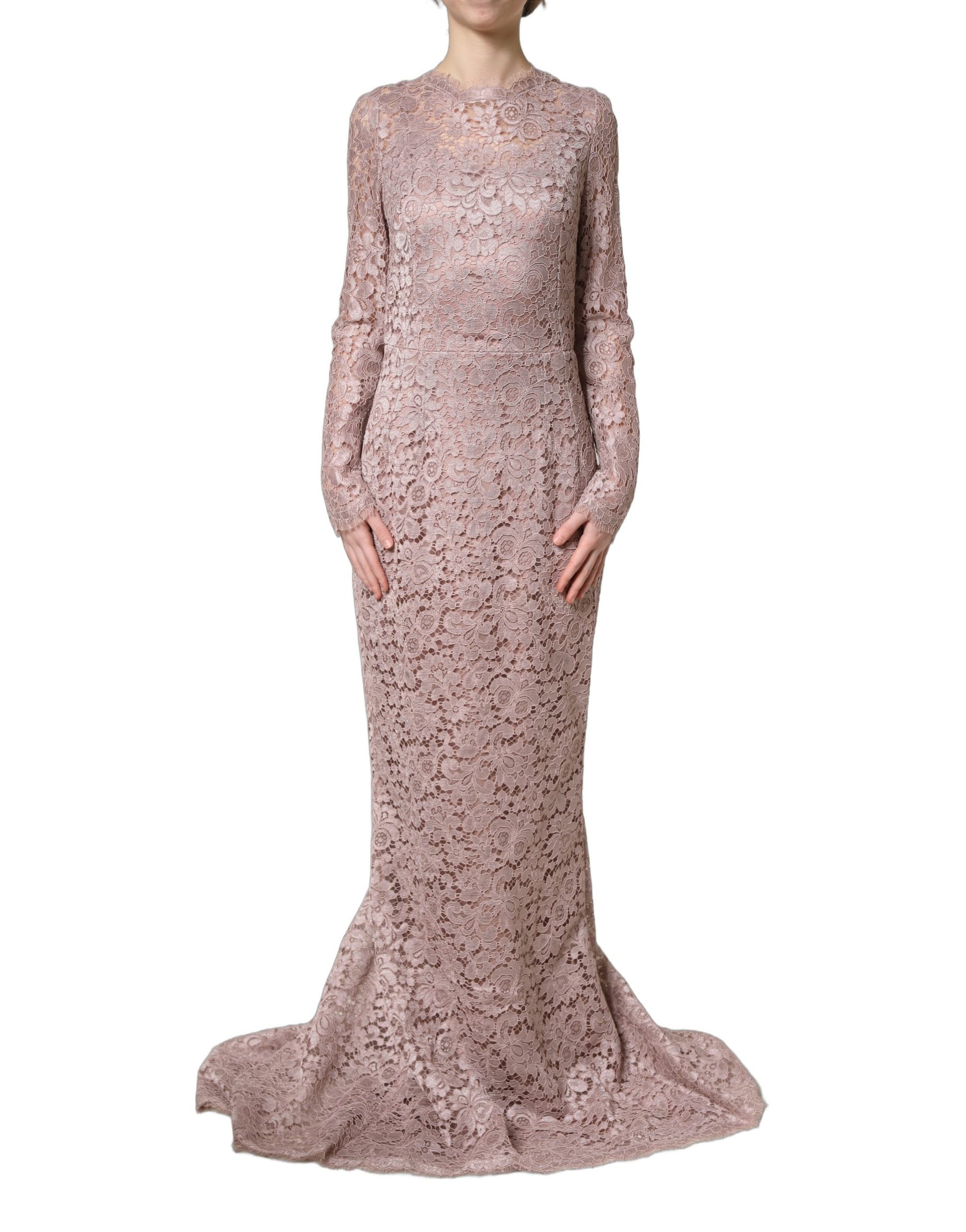 Dolce & Gabbana Pink Lace Long Sleeves Evening Gown Dress | Regal Royce