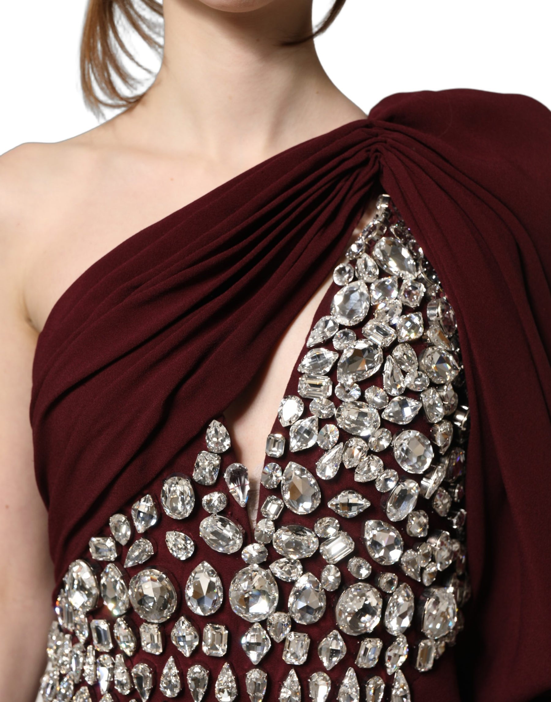 Dolce & Gabbana Maroon Crystal One Shoulder EveningGown Dress | Regal Royce