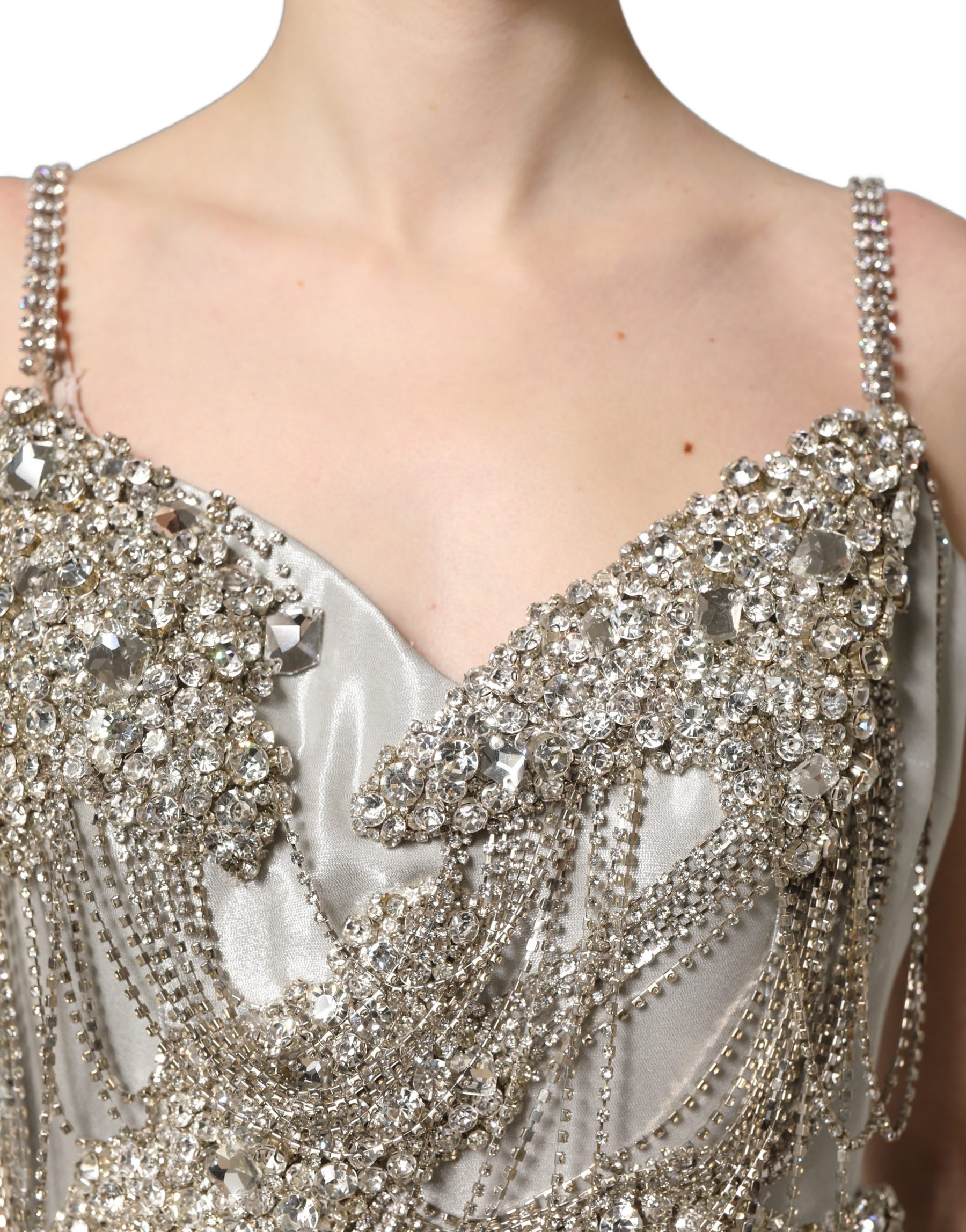 Dolce & Gabbana Silver Crystal Embellished EveningGown Dress | Regal Royce