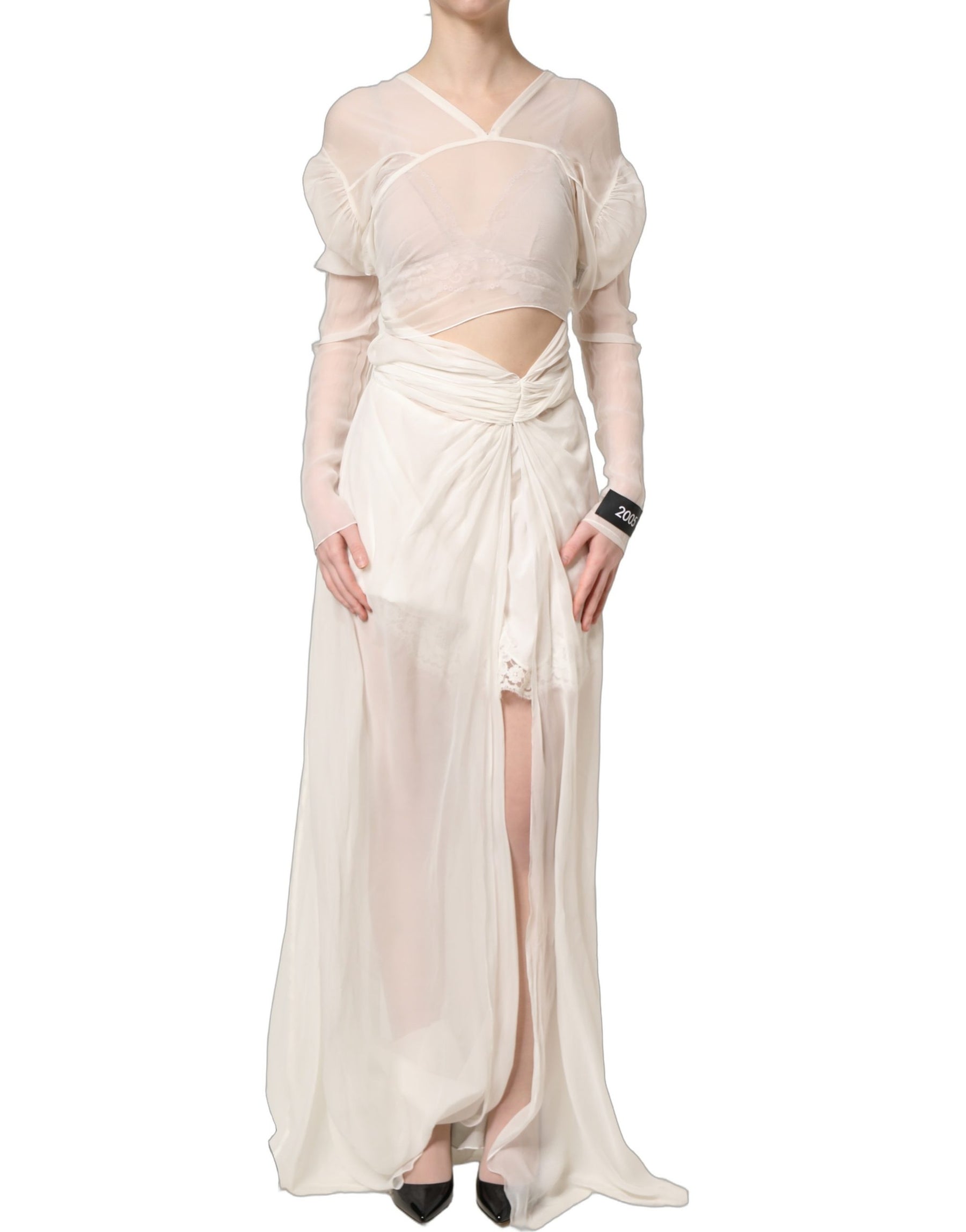 Dolce & Gabbana White Silk Sheer Draped Long Gown Dress | Regal Royce