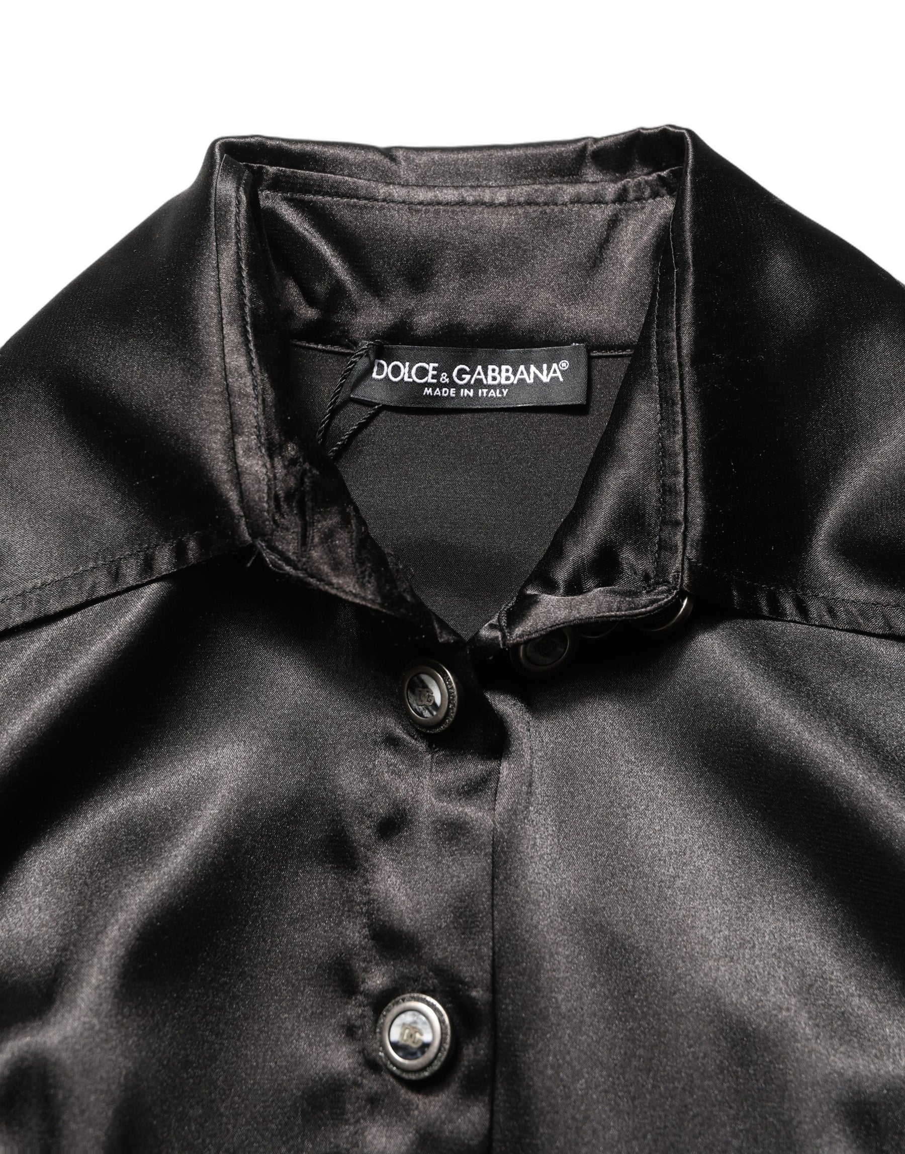 Dolce & Gabbana Black Satin Long Puff Sleeves Pleated Dress | Regal Royce