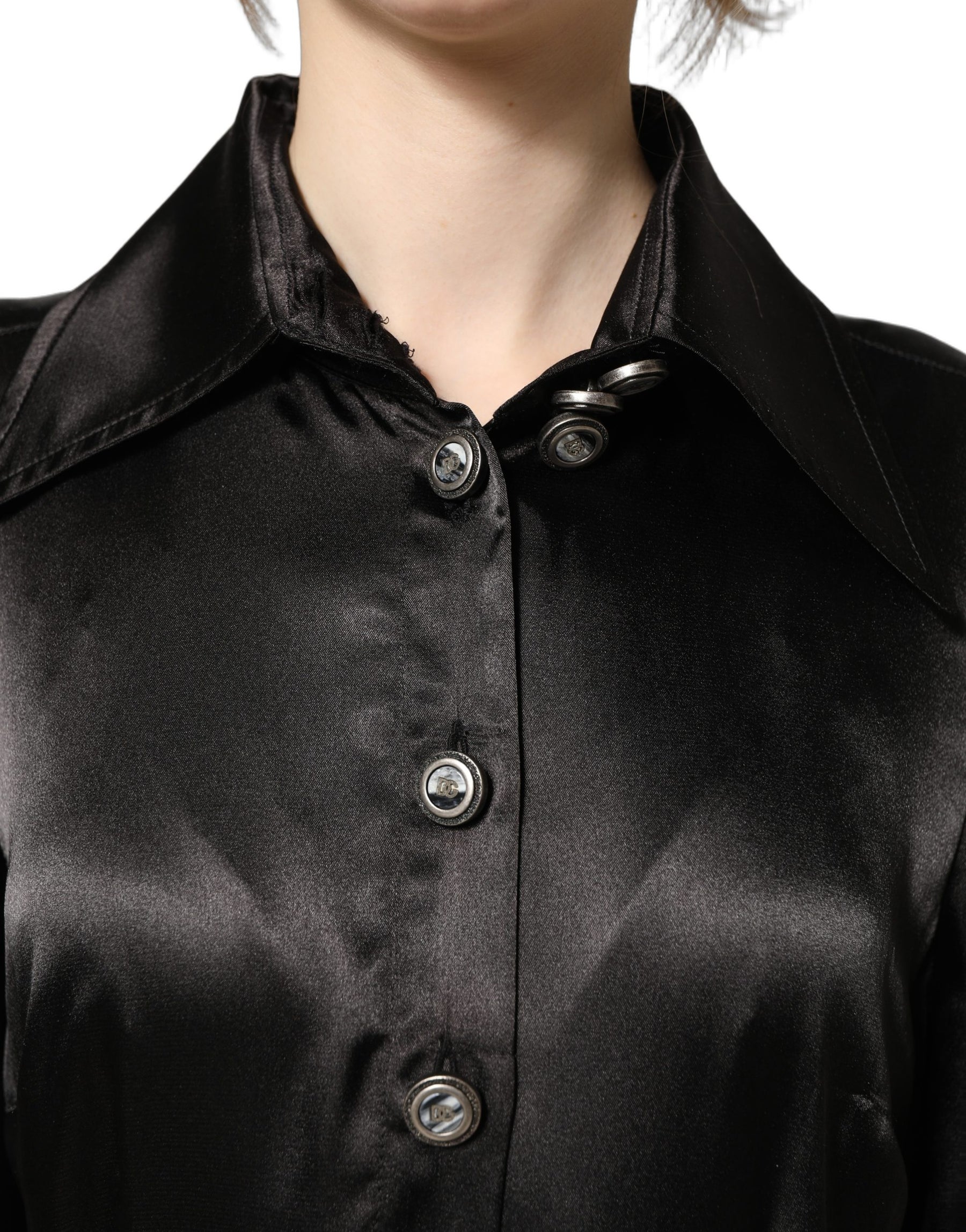 Dolce & Gabbana Black Satin Long Puff Sleeves Pleated Dress | Regal Royce