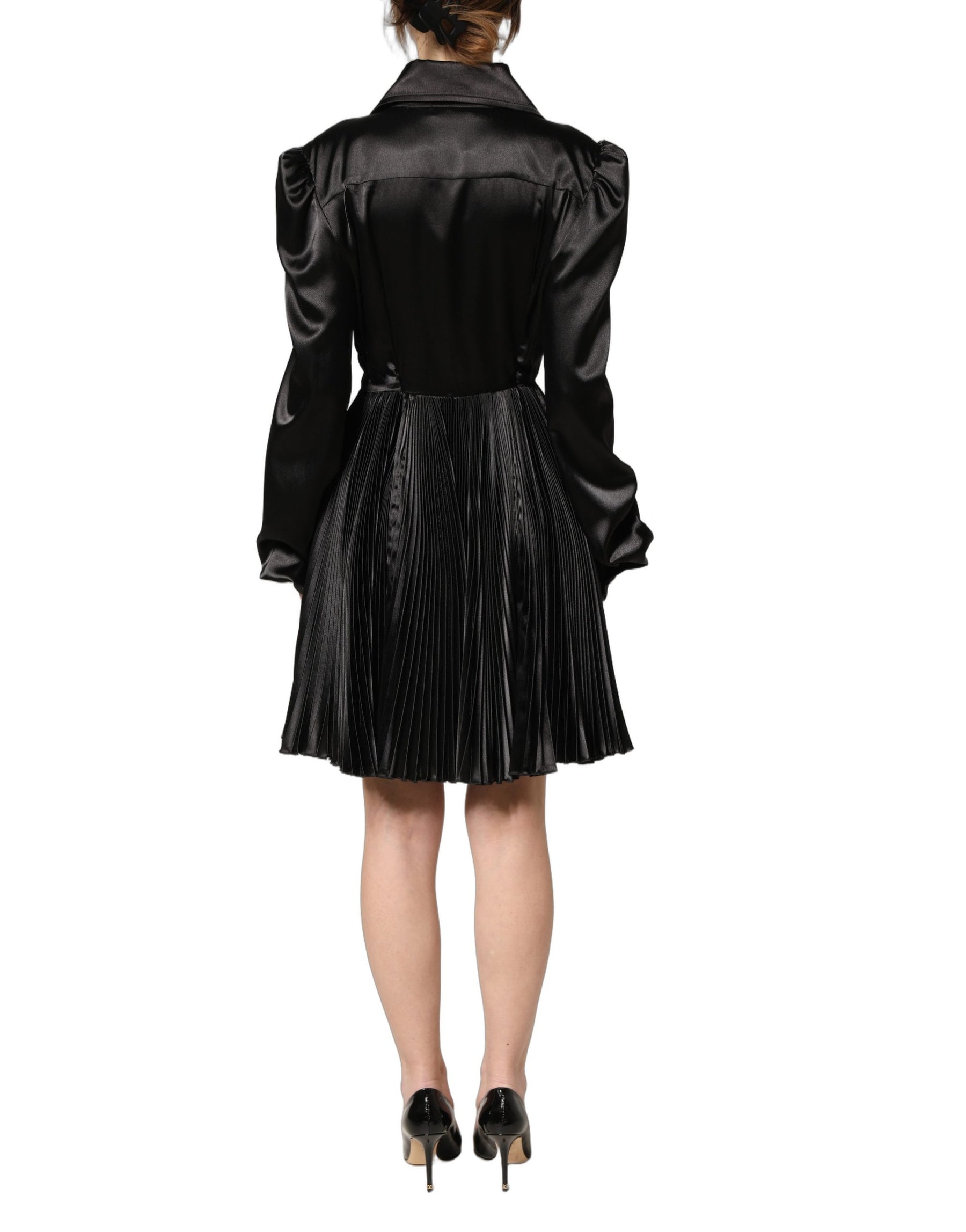 Dolce & Gabbana Black Satin Long Puff Sleeves Pleated Dress | Regal Royce