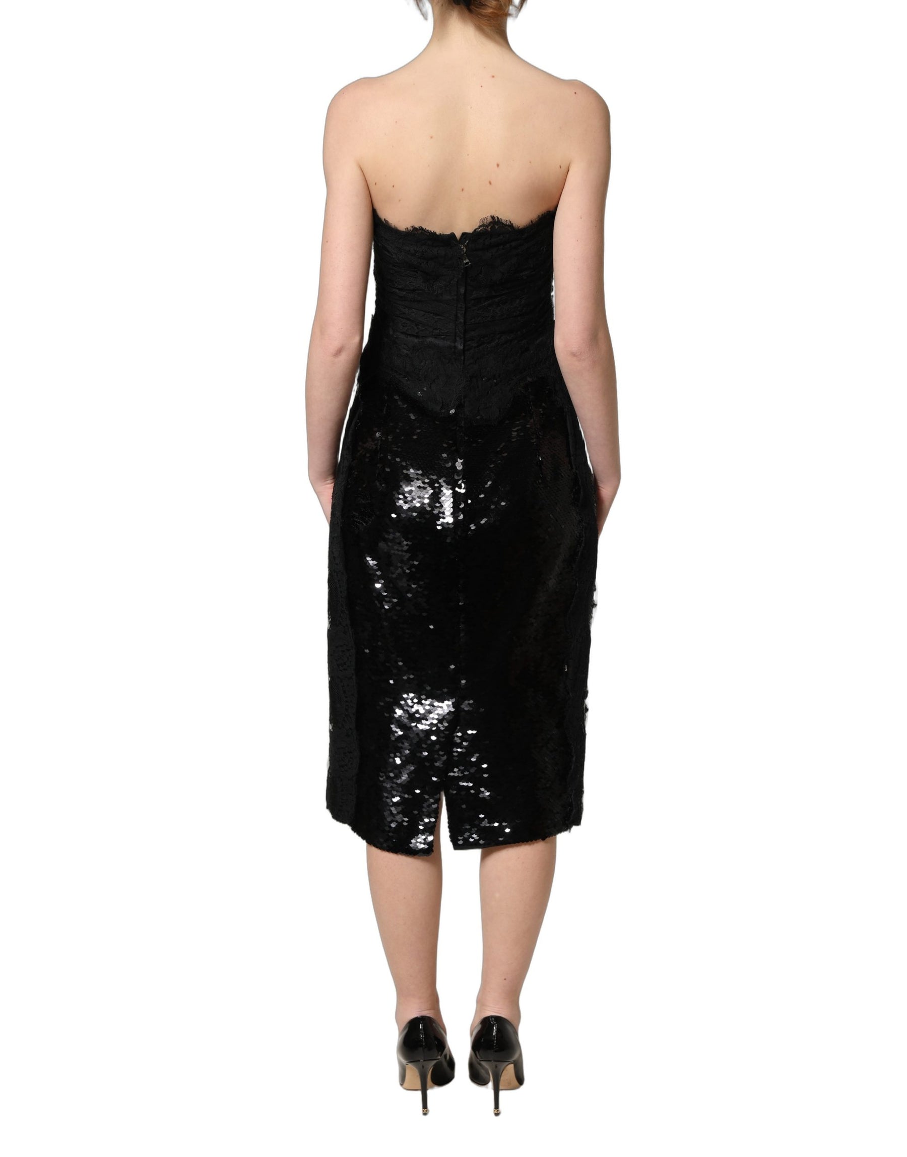 Dolce & Gabbana Black Strapless Red Rose Sequined Midi Dress | Regal Royce