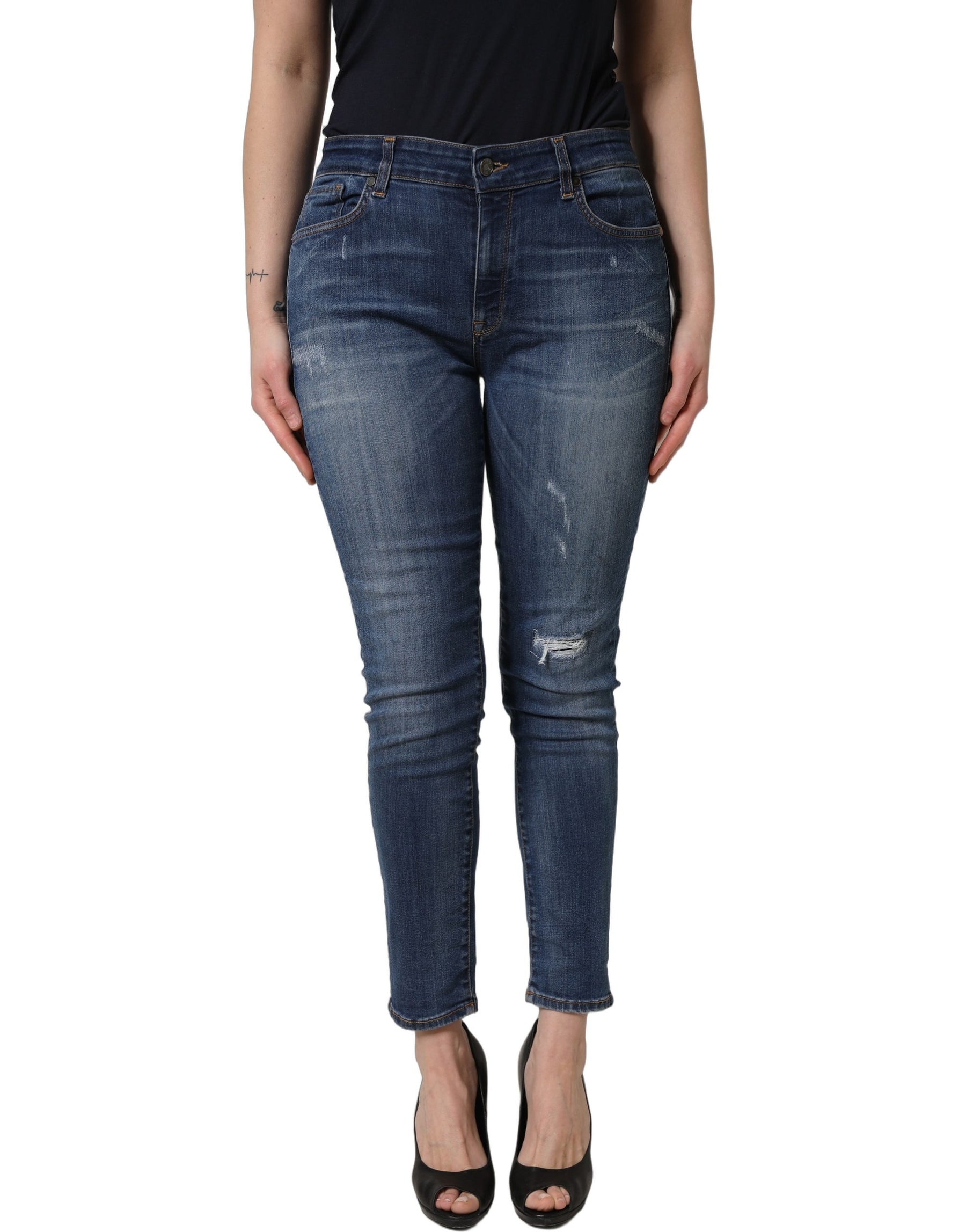 Dolce & Gabbana Blue Tattered Skinny Mid Waist Denim Jeans | Regal Royce