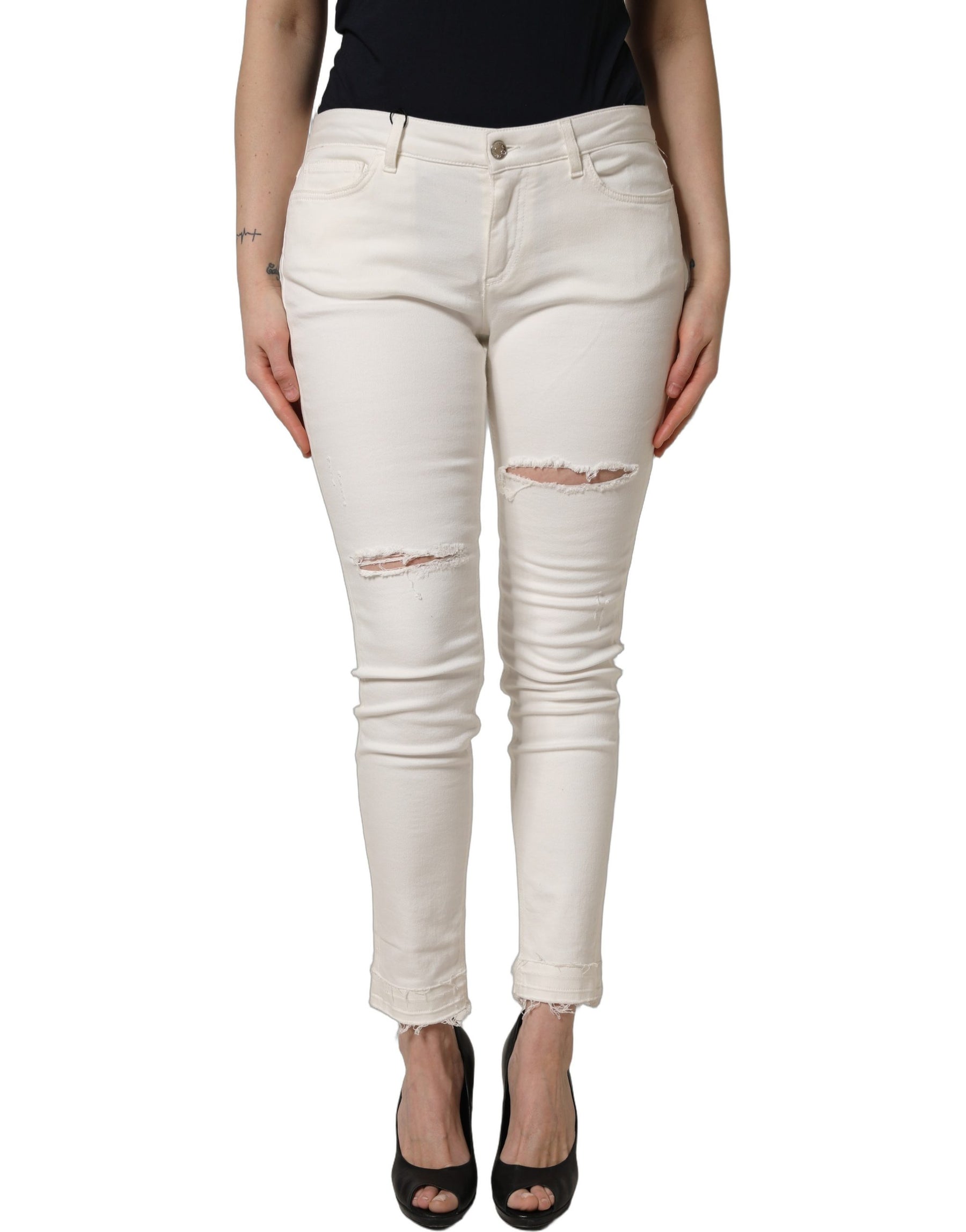 Dolce & Gabbana White Tattered Skinny Cotton Denim Jeans | Regal Royce
