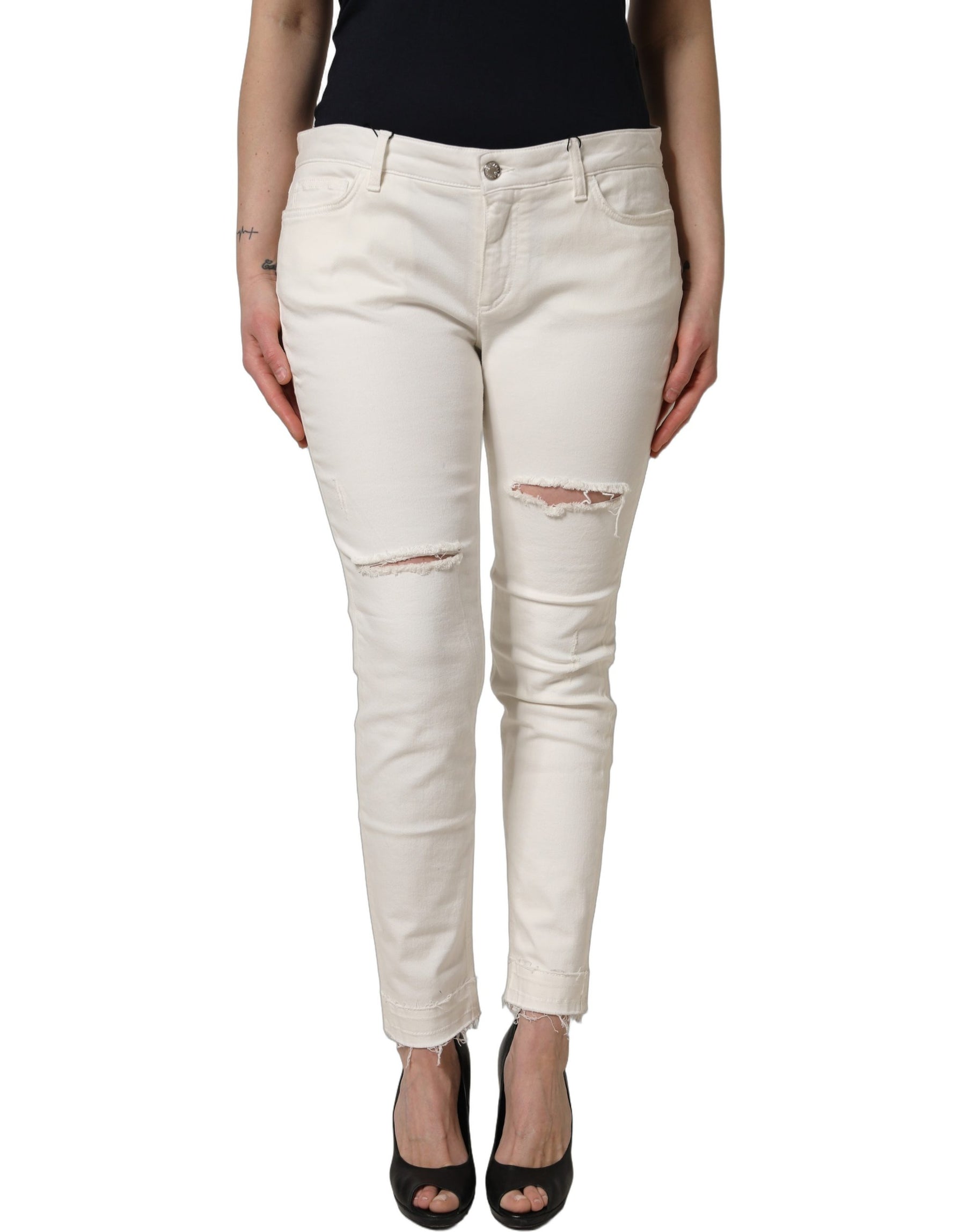 Dolce & Gabbana White Tattered Skinny Cotton Denim Jeans | Regal Royce