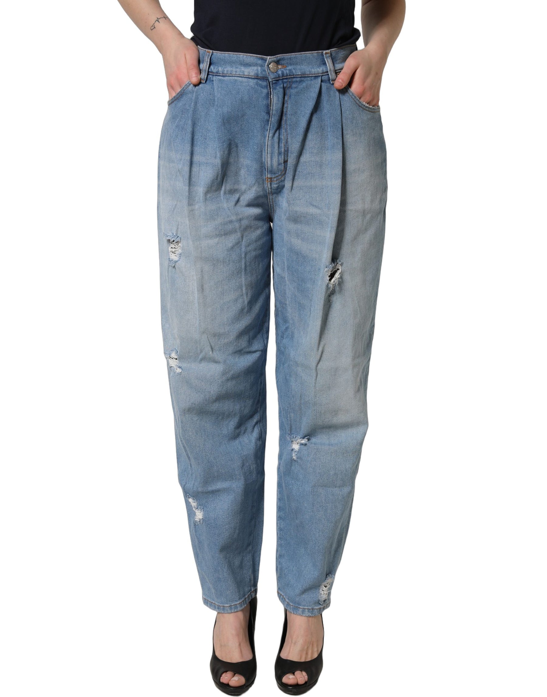 Dolce & Gabbana Blue Distressed Pleated Cotton Denim Jeans | Regal Royce