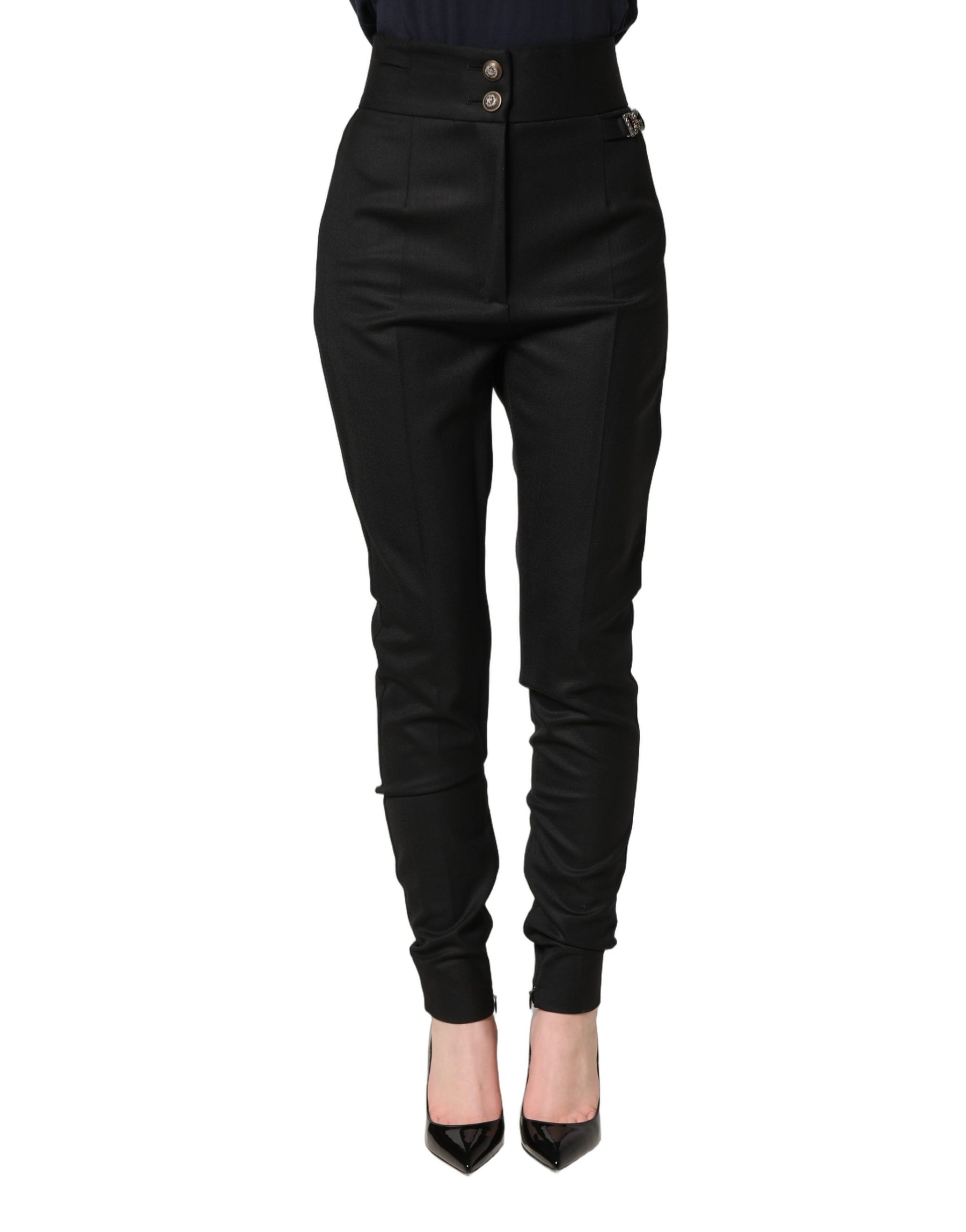 Dolce & Gabbana Black Wool High Waisted Logo Trouser Pants | Regal Royce