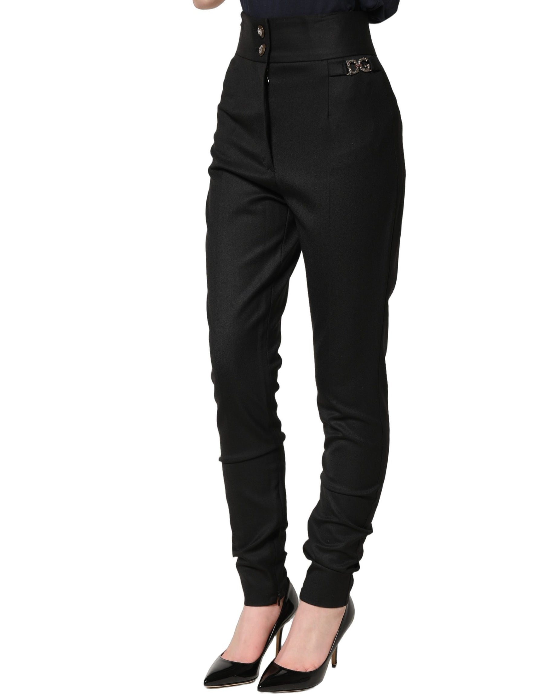 Dolce & Gabbana Black Wool High Waisted Logo Trouser Pants | Regal Royce