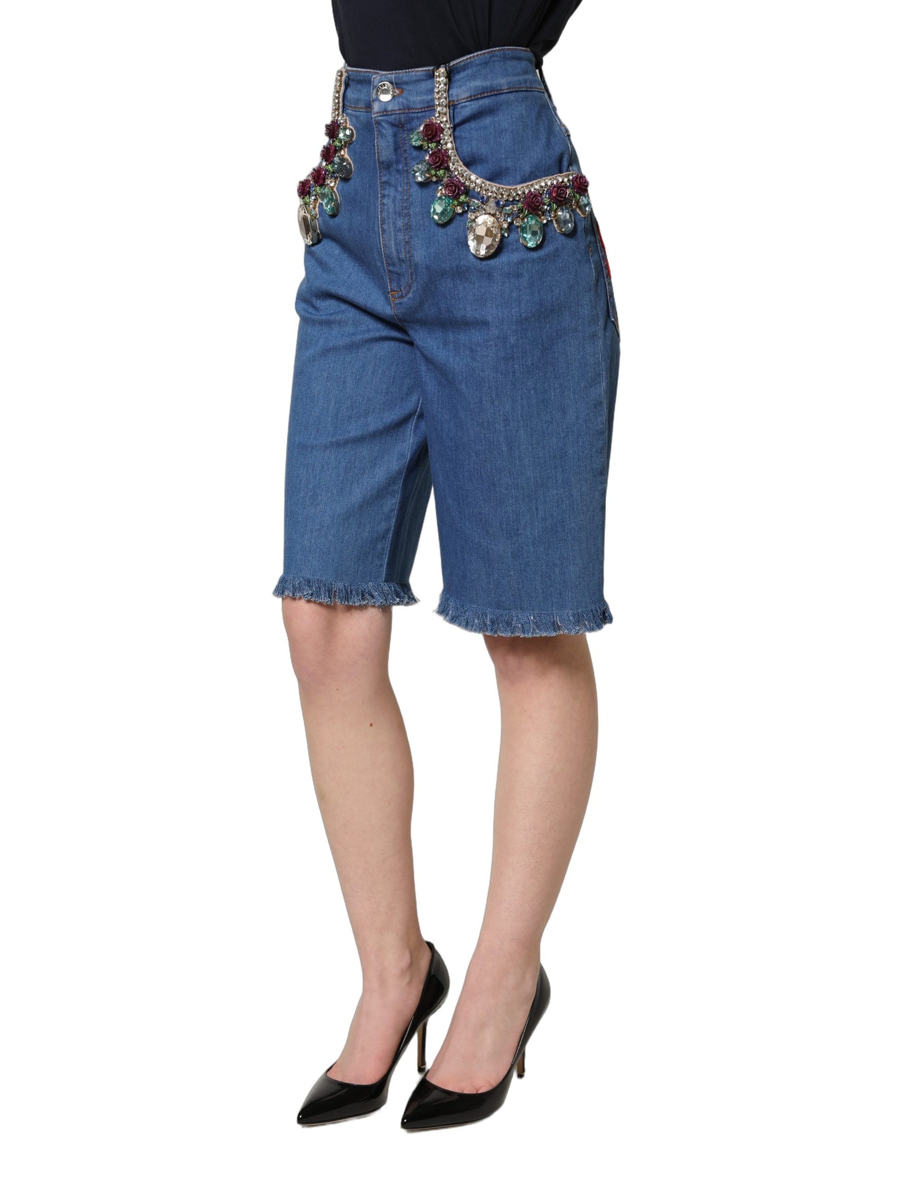 Dolce & Gabbana Blue Cotton Embellished BermudaDenim Shorts | Regal Royce