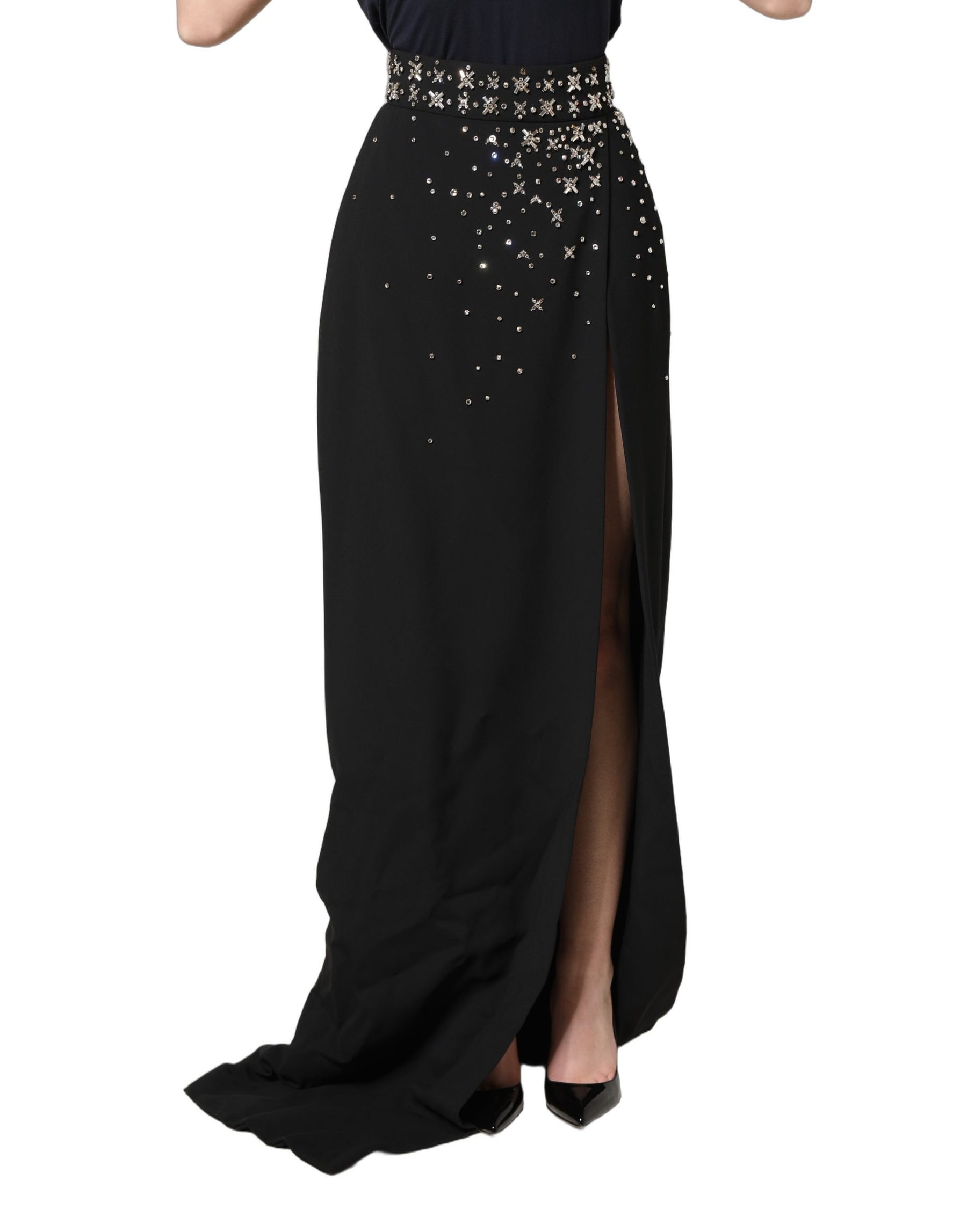 Dolce & Gabbana Black Crystal Embellished High Slit Skirt | Regal Royce