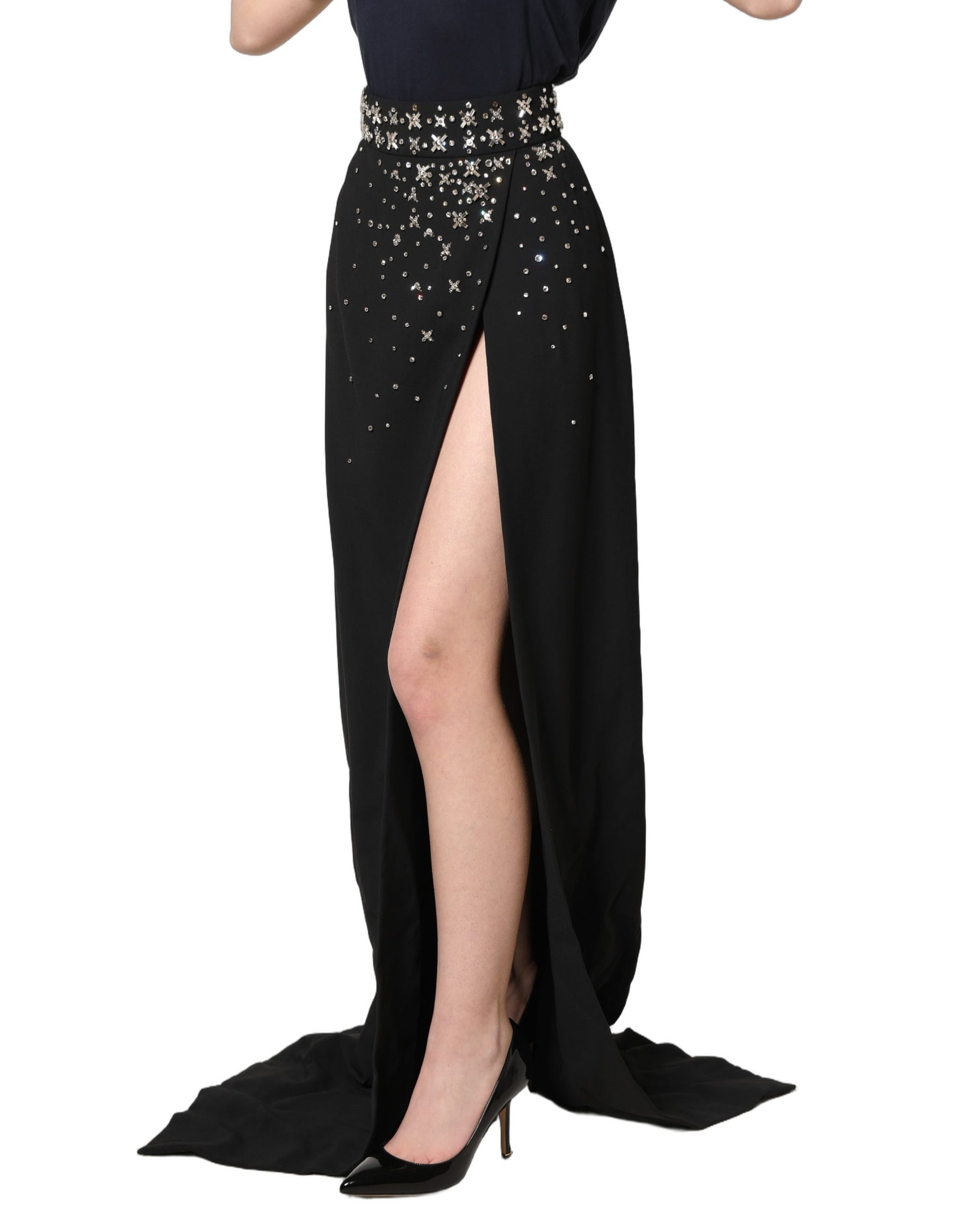 Dolce & Gabbana Black Crystal Embellished High Slit Skirt | Regal Royce