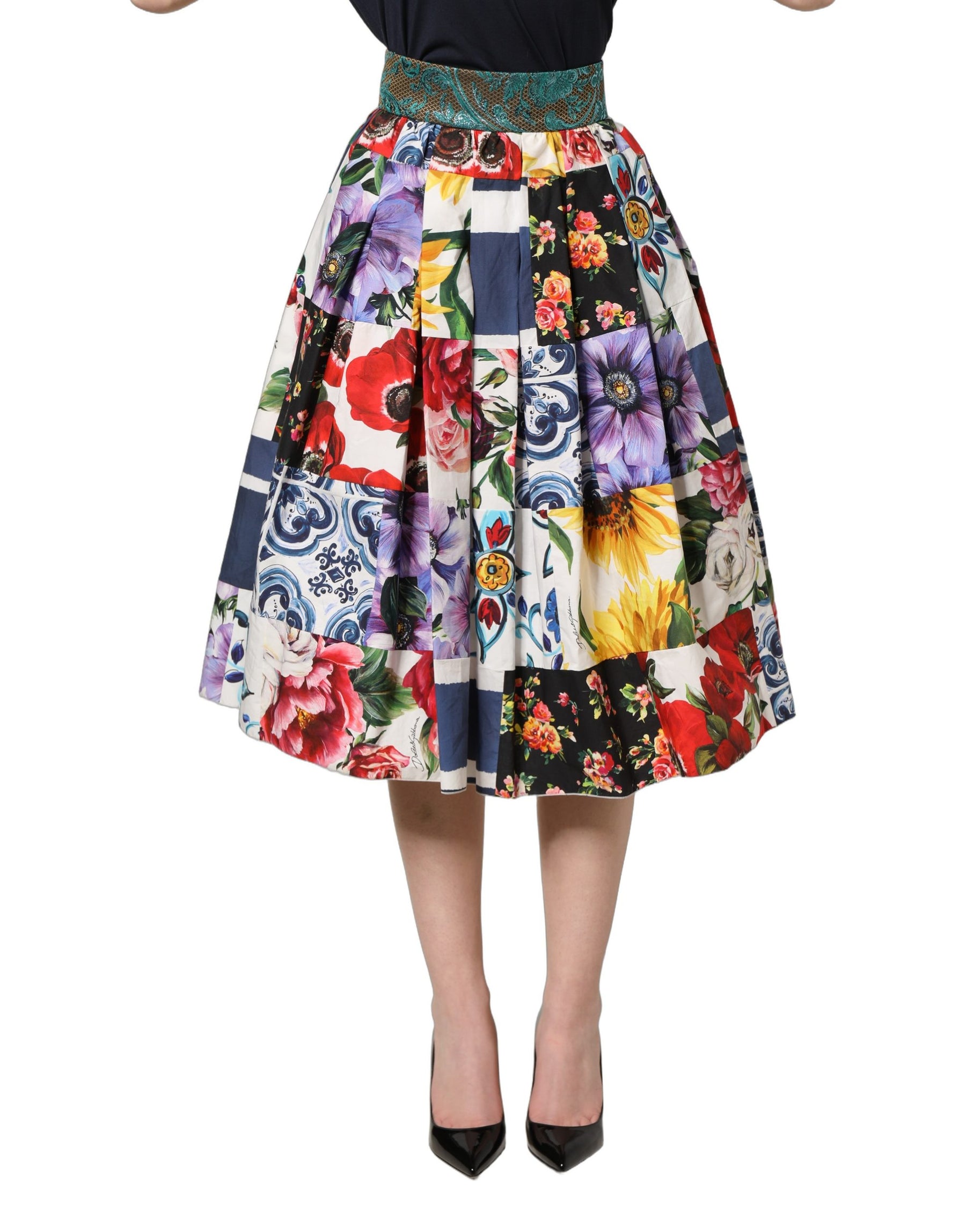 Dolce & Gabbana Multicolor Patchwork Cotton A-line Midi Skirt | Regal Royce