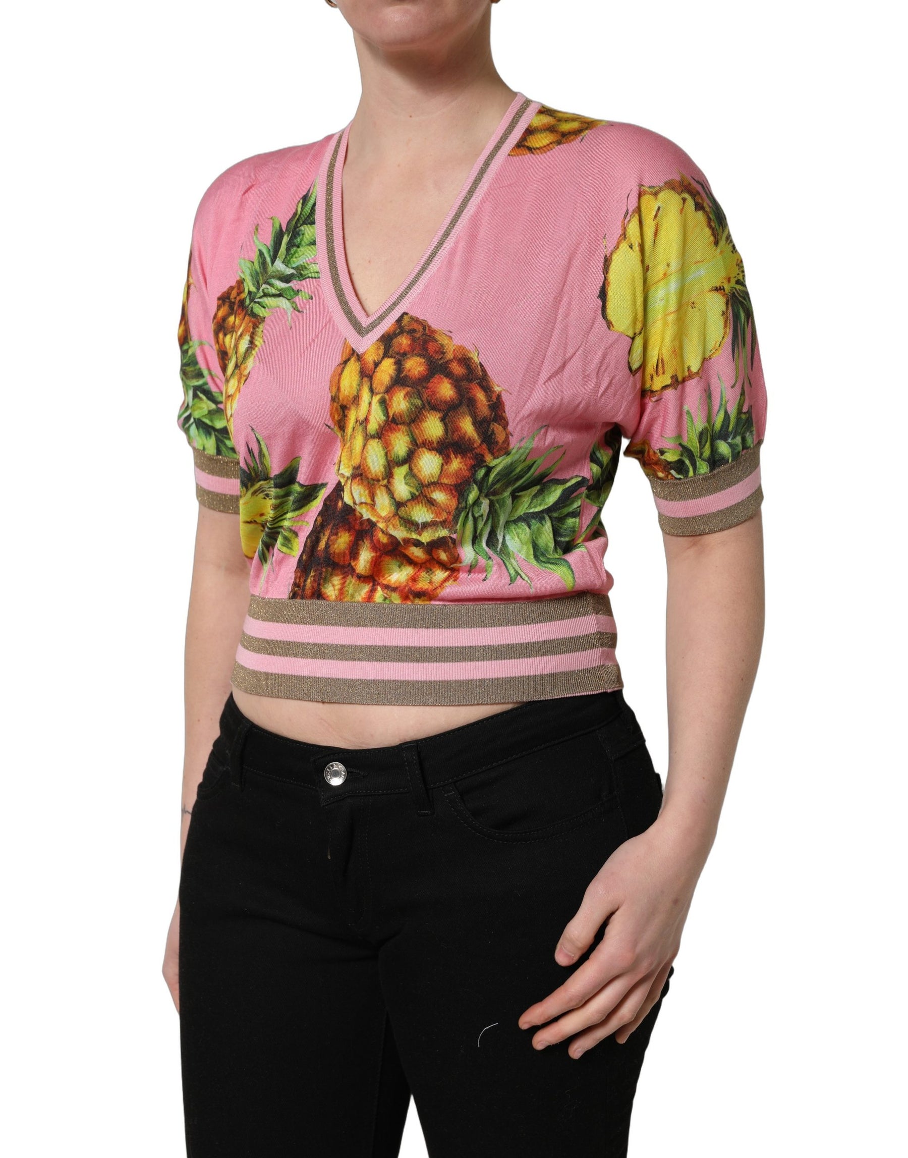 Dolce & Gabbana Pink Pineapple Vneck Short Sleeve Cropped Top | Regal Royce