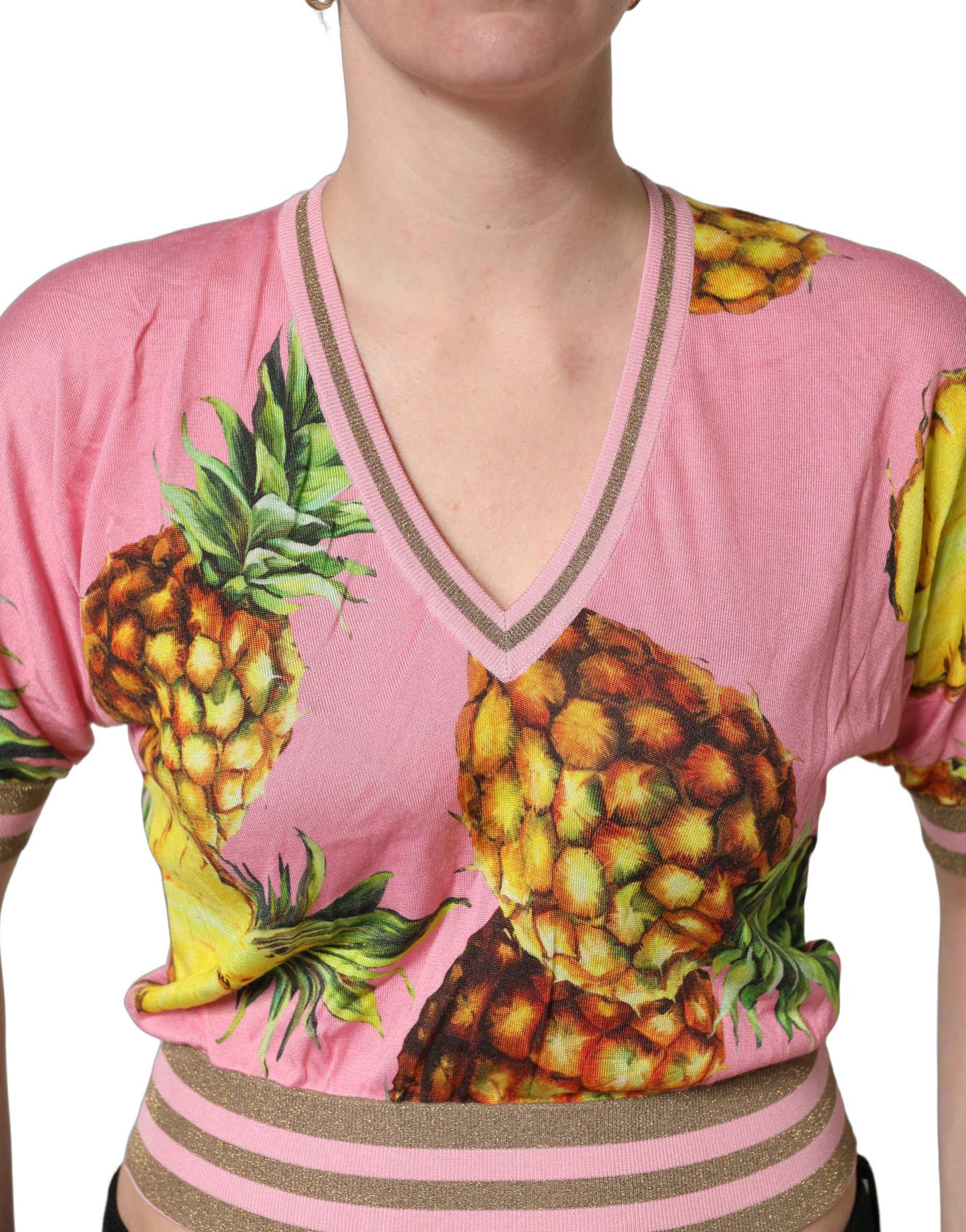 Dolce & Gabbana Pink Pineapple Vneck Short Sleeve Cropped Top | Regal Royce