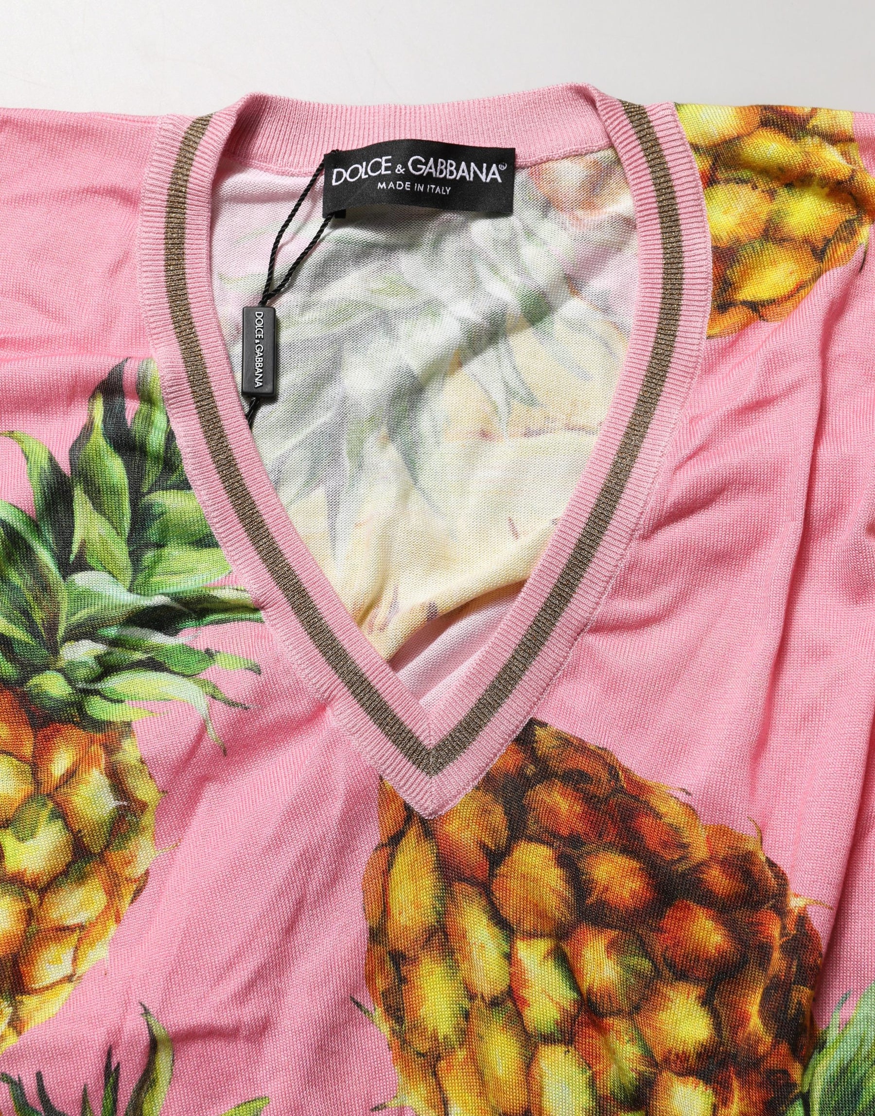 Dolce & Gabbana Pink Pineapple Vneck Short Sleeve Cropped Top | Regal Royce