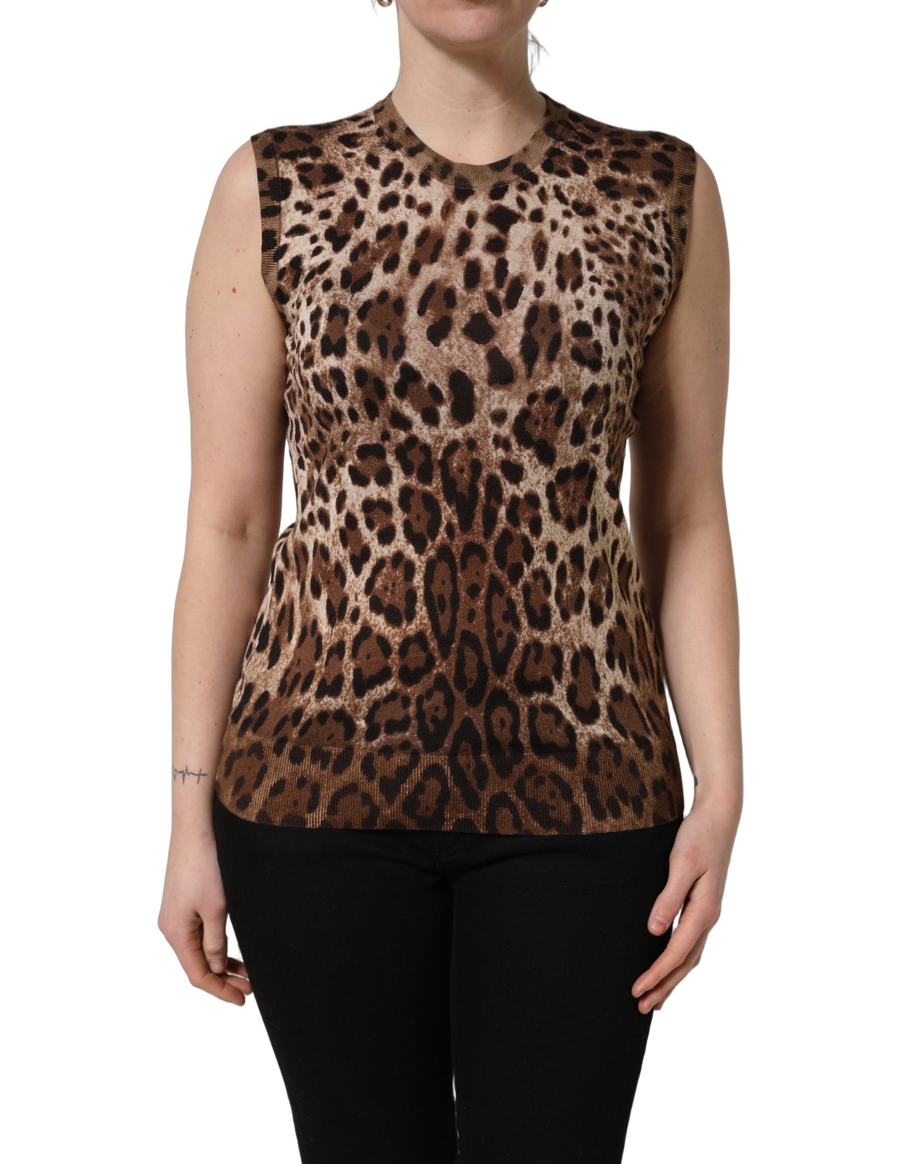Dolce & Gabbana Brown Leopard Crew Neck Sleeveless Tank Top | Regal Royce