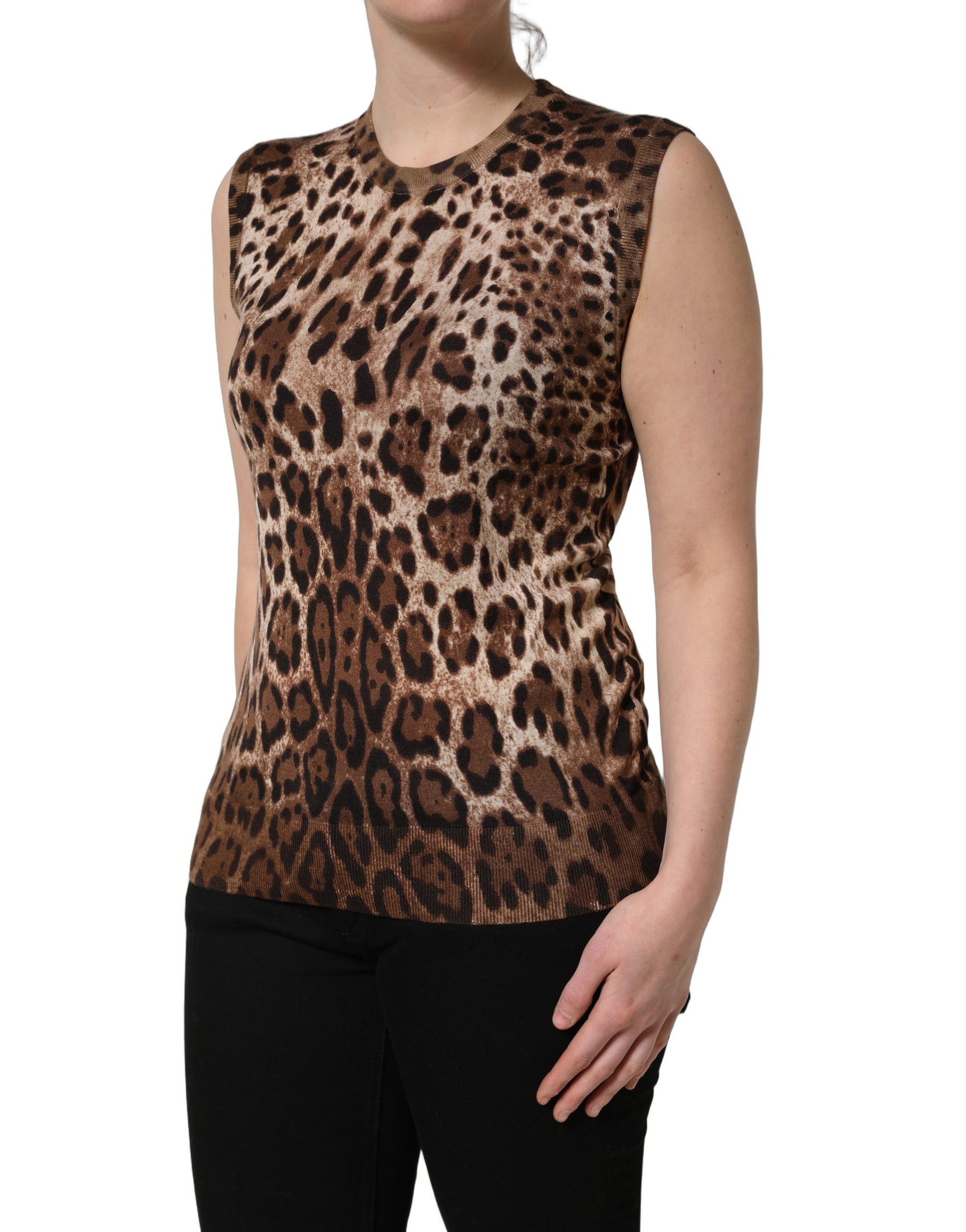 Dolce & Gabbana Brown Leopard Crew Neck Sleeveless Tank Top | Regal Royce
