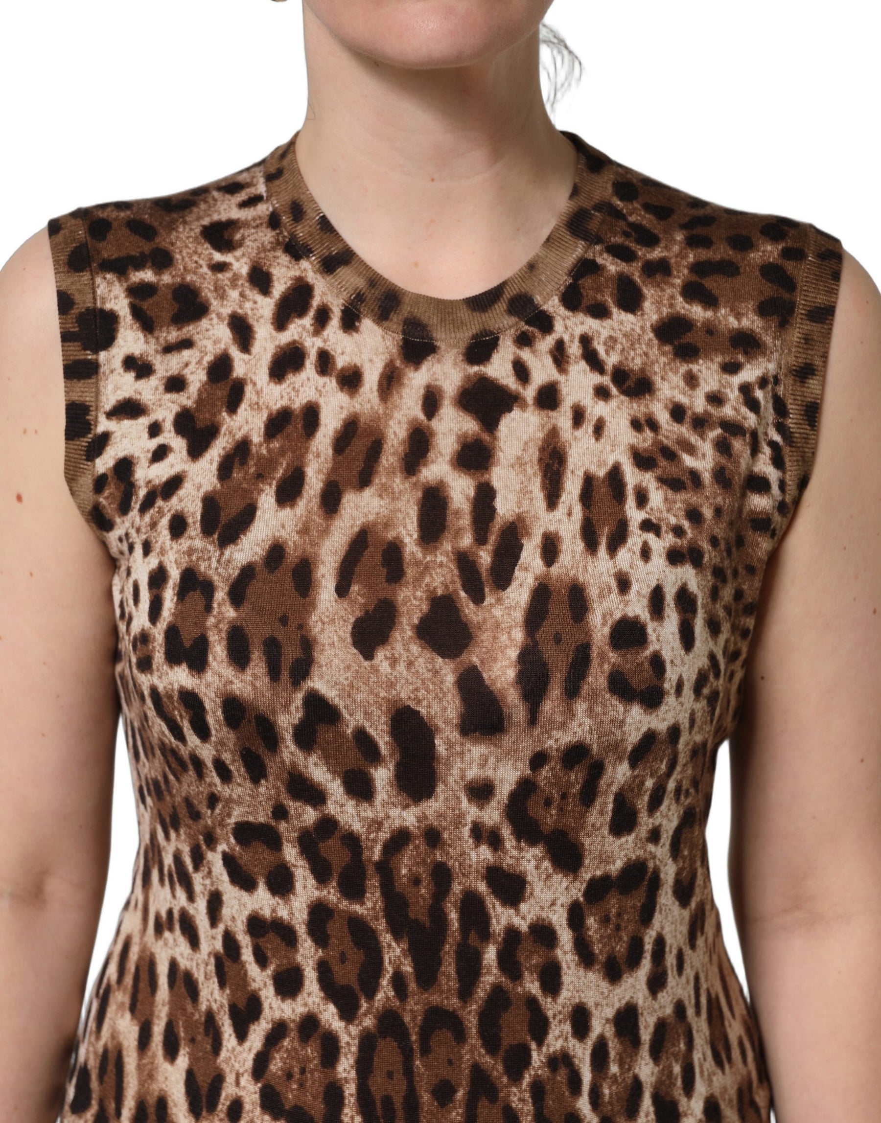 Dolce & Gabbana Brown Leopard Crew Neck Sleeveless Tank Top | Regal Royce