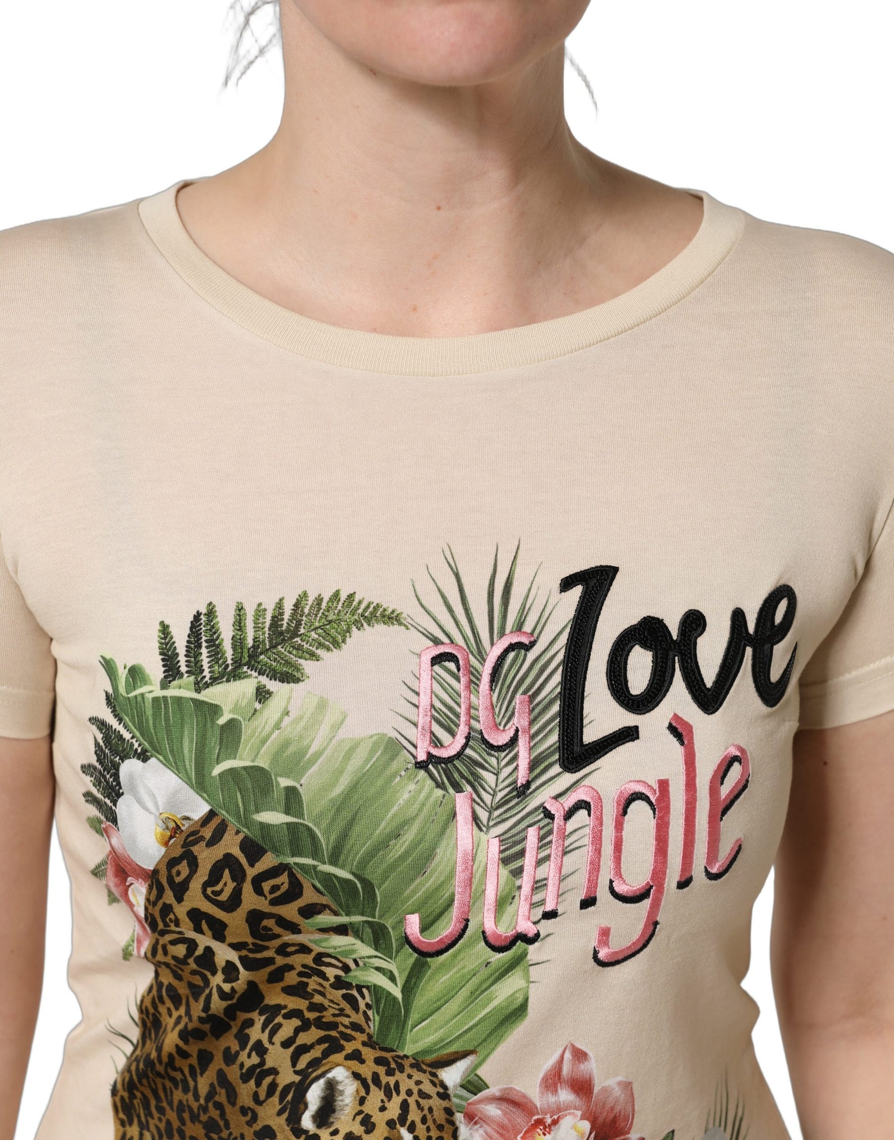 Dolce & Gabbana Beige Jungle Print Cotton Round Neck T-Shirt | Regal Royce