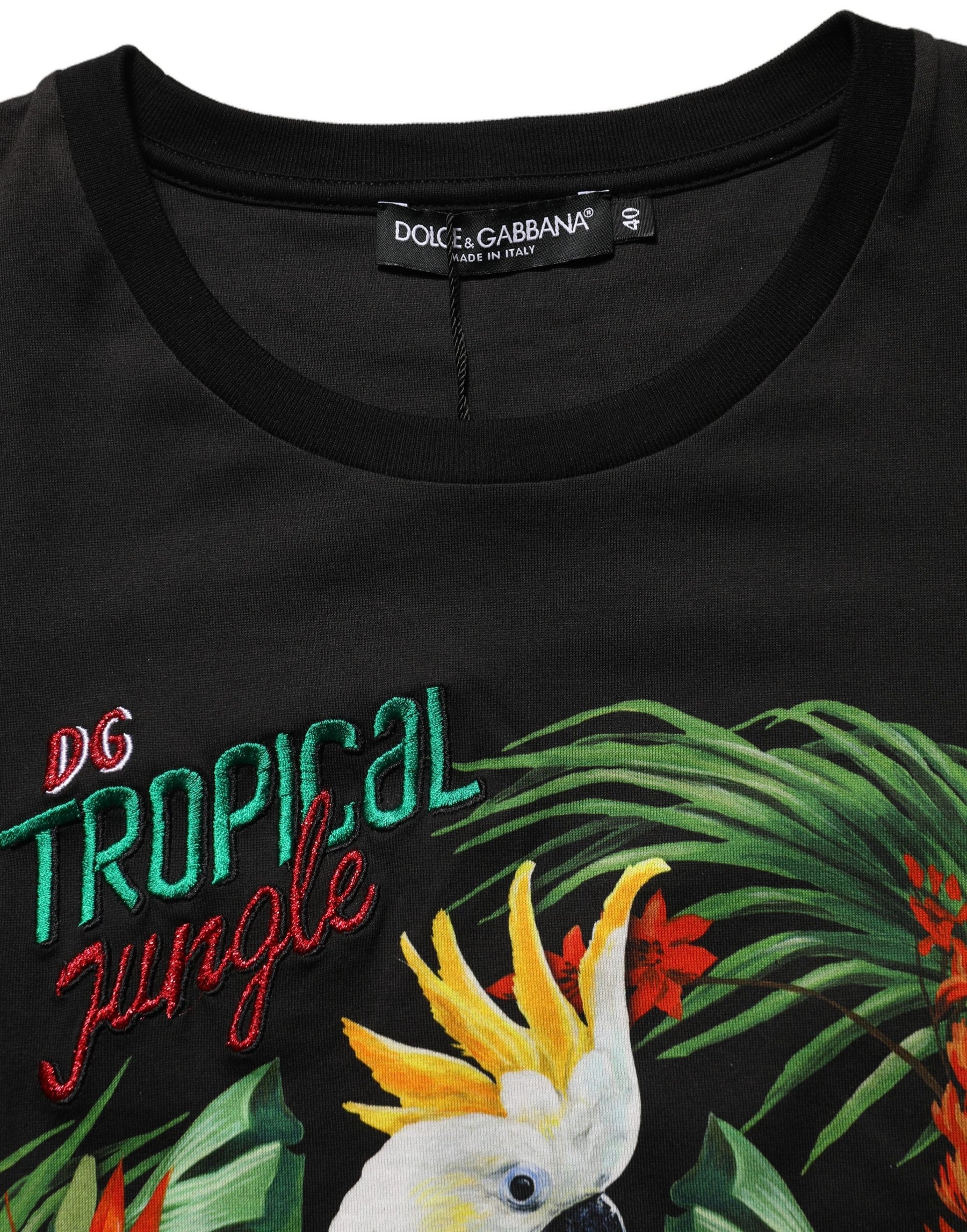 Dolce & Gabbana Black Tropical Print Cotton Round Neck T-Shirt | Regal Royce
