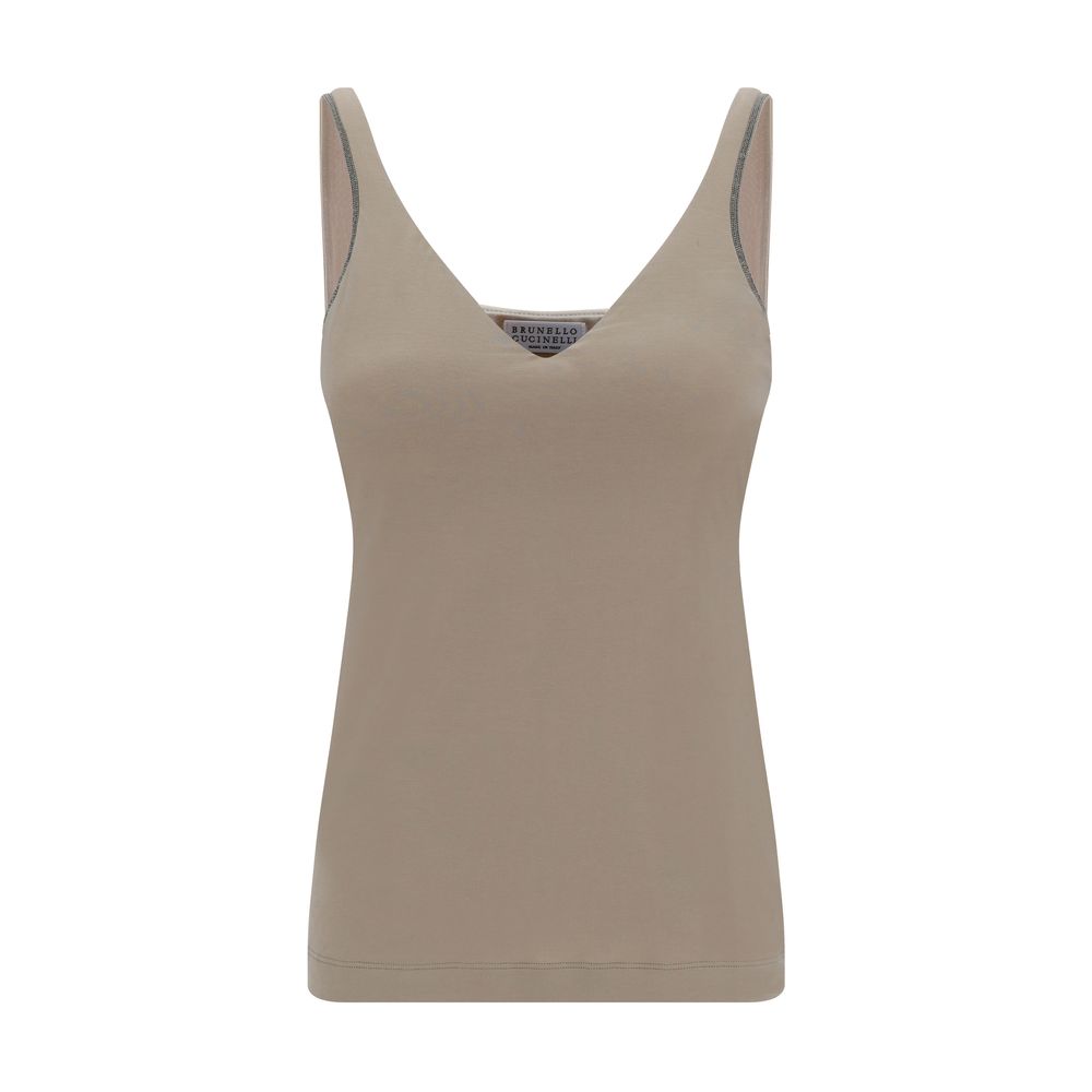 Brunello Cucinelli Beige Cotton Sleeveles T-Shirt | Regal Royce