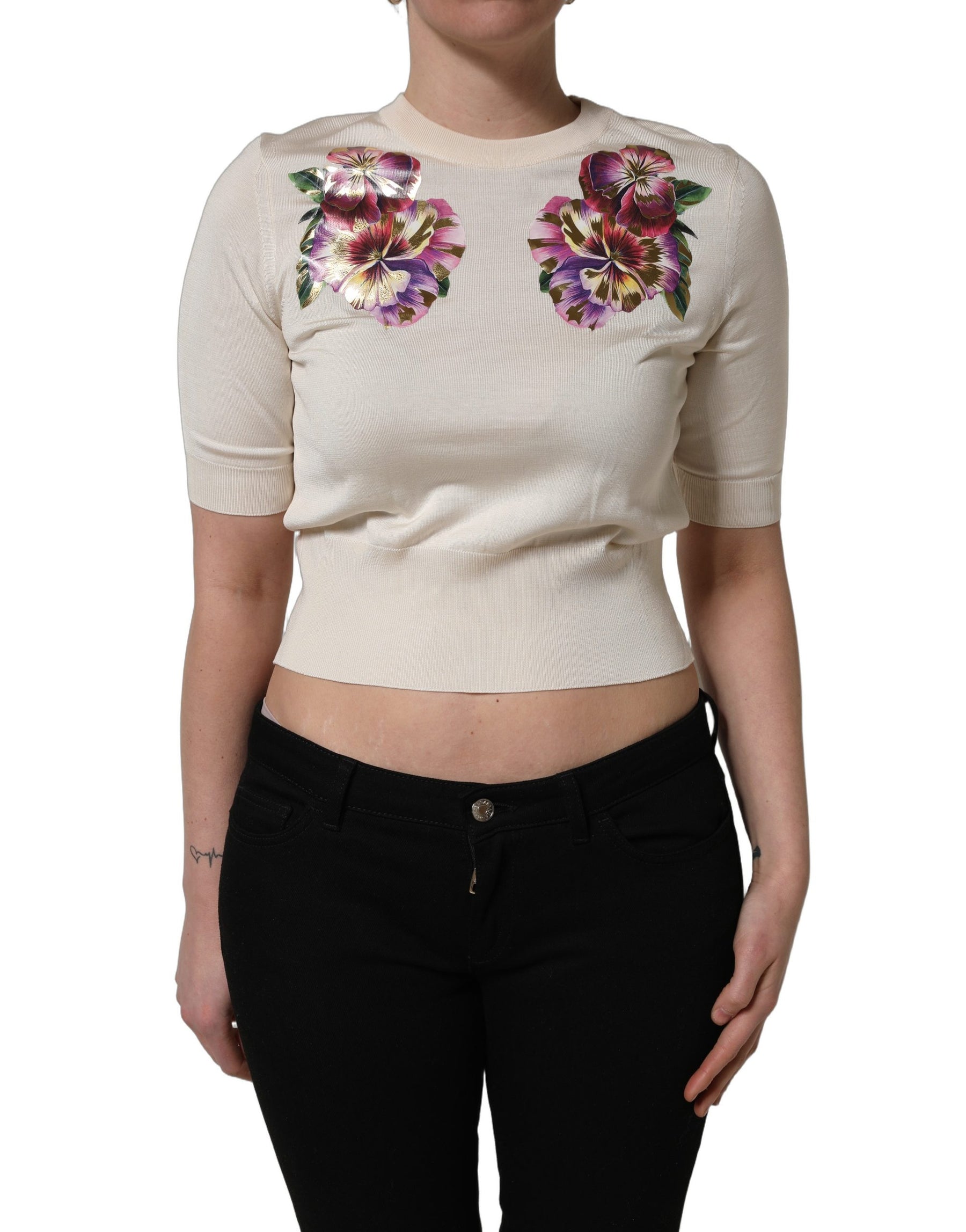 Dolce & Gabbana Beige Floral Print Silk CrewNeck Pullover Top | Regal Royce