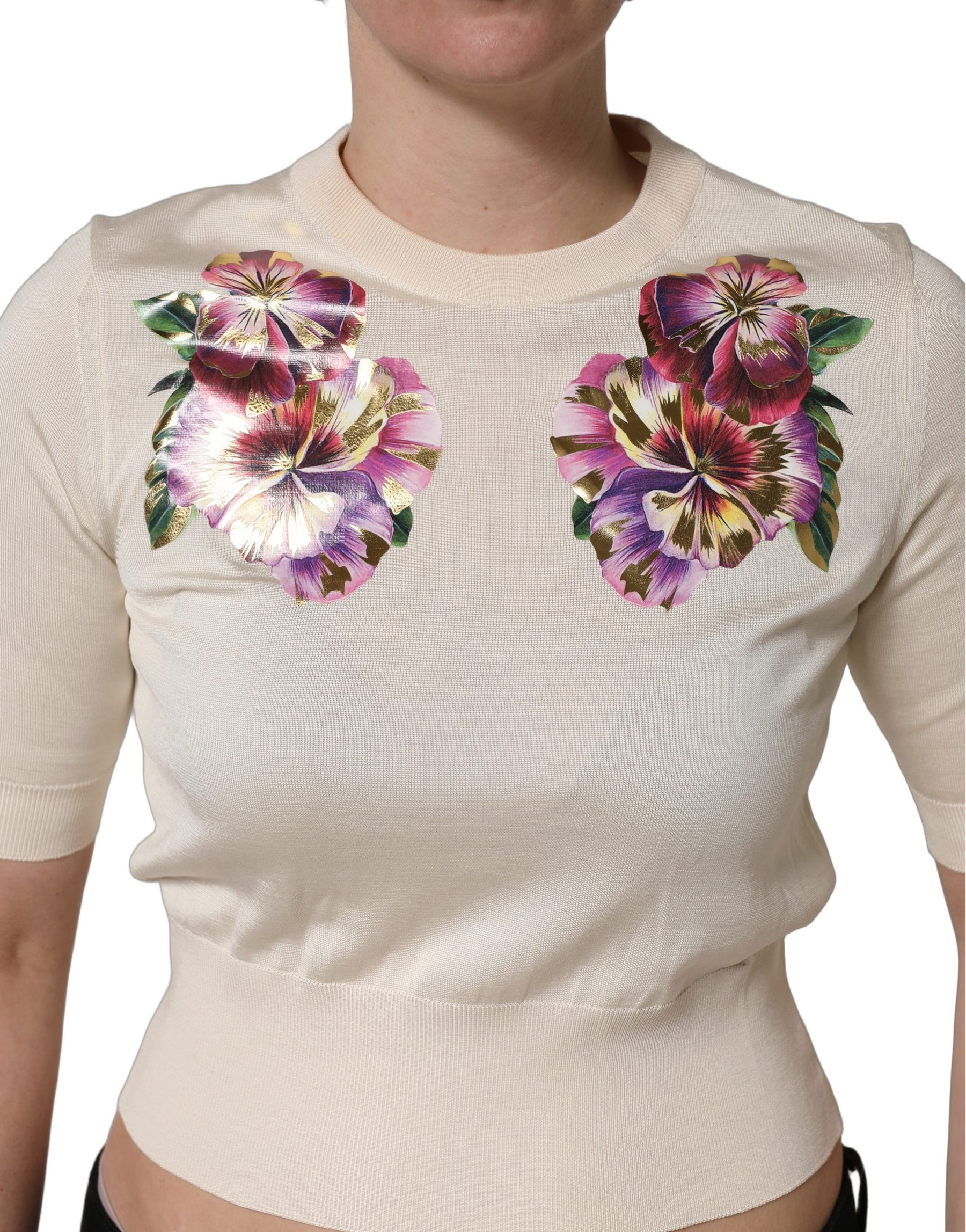 Dolce & Gabbana Beige Floral Print Silk CrewNeck Pullover Top | Regal Royce