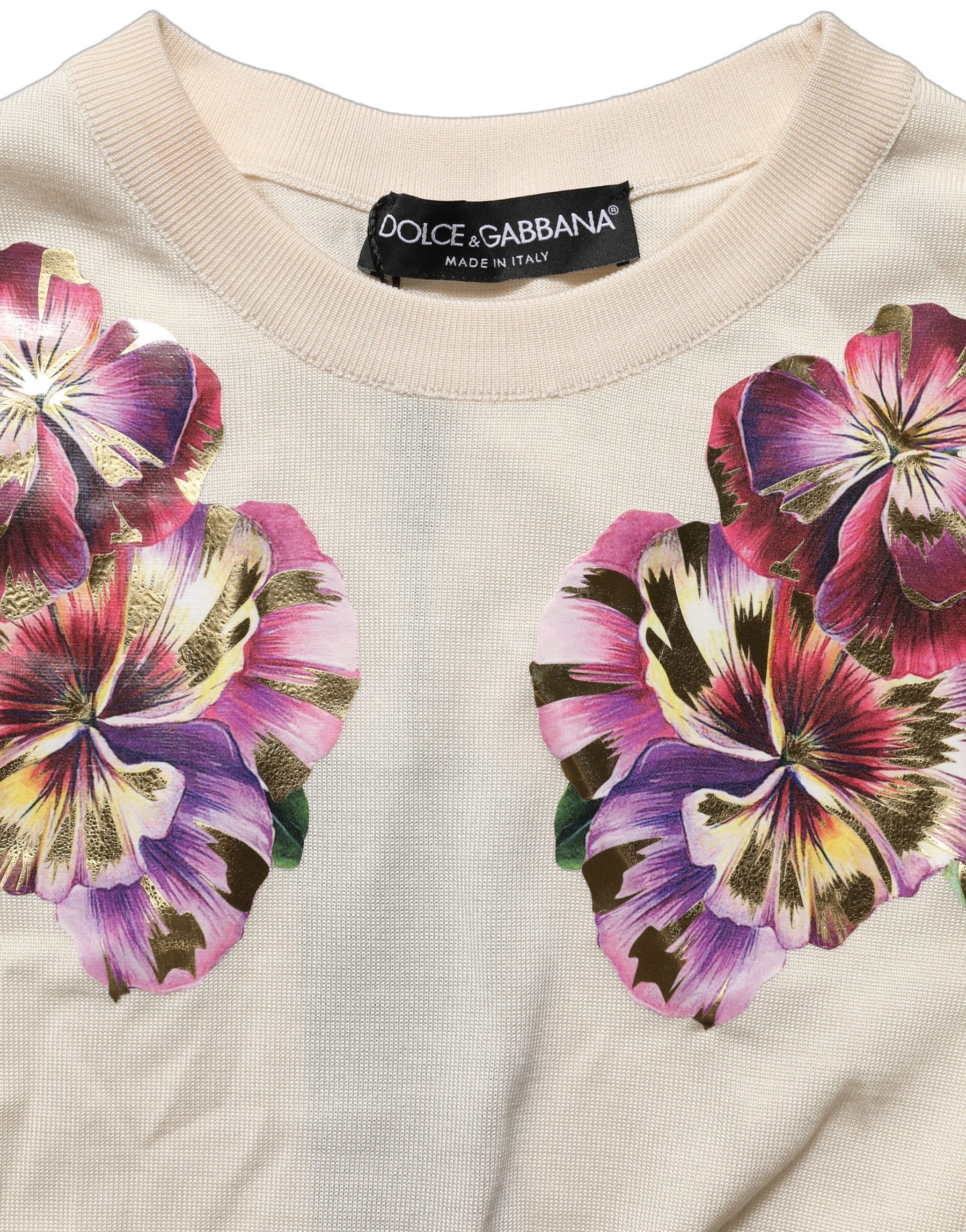 Dolce & Gabbana Beige Floral Print Silk CrewNeck Pullover Top | Regal Royce