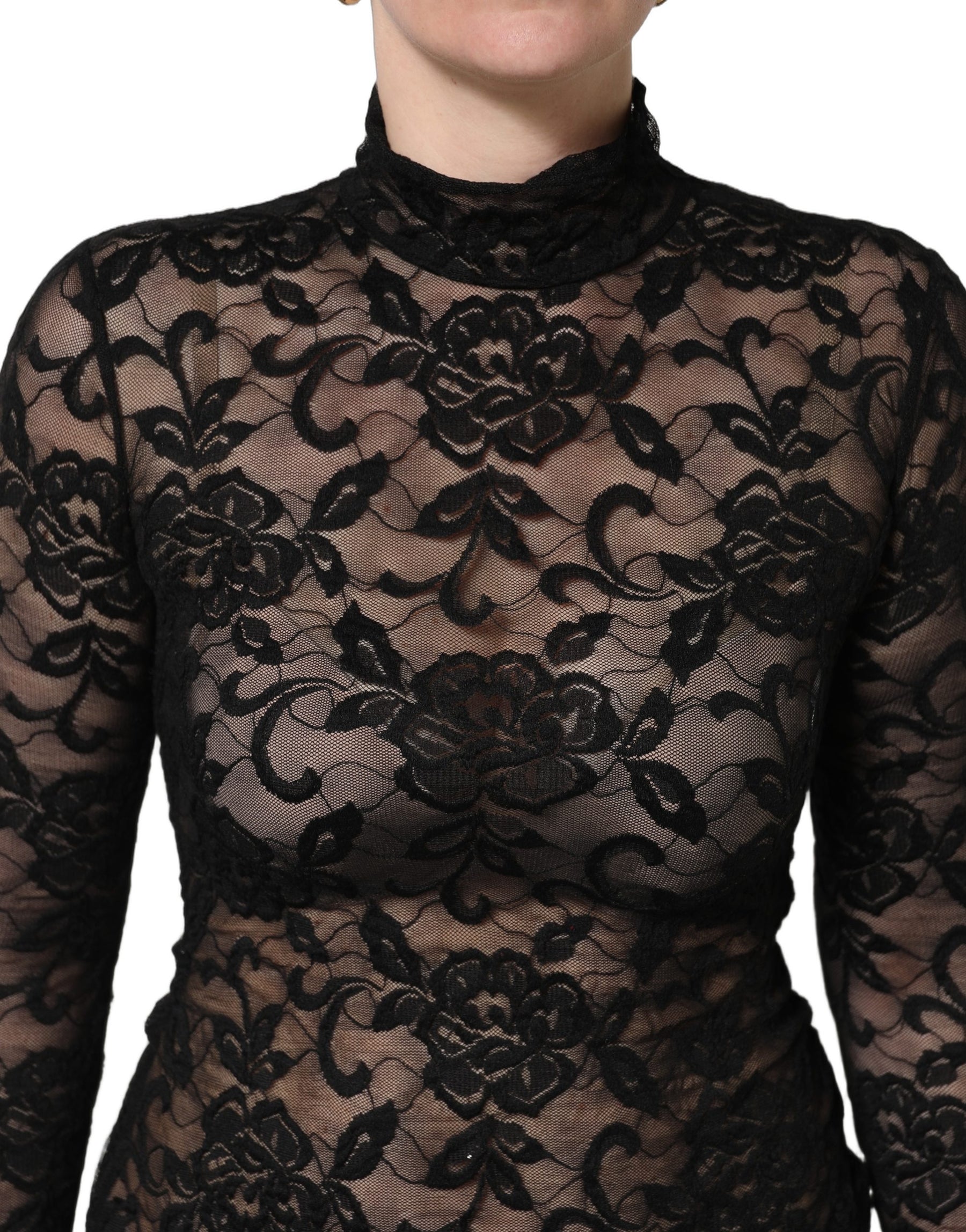 Dolce & Gabbana Black Floral Lace Turtle Neck Long Sleeve Top | Regal Royce