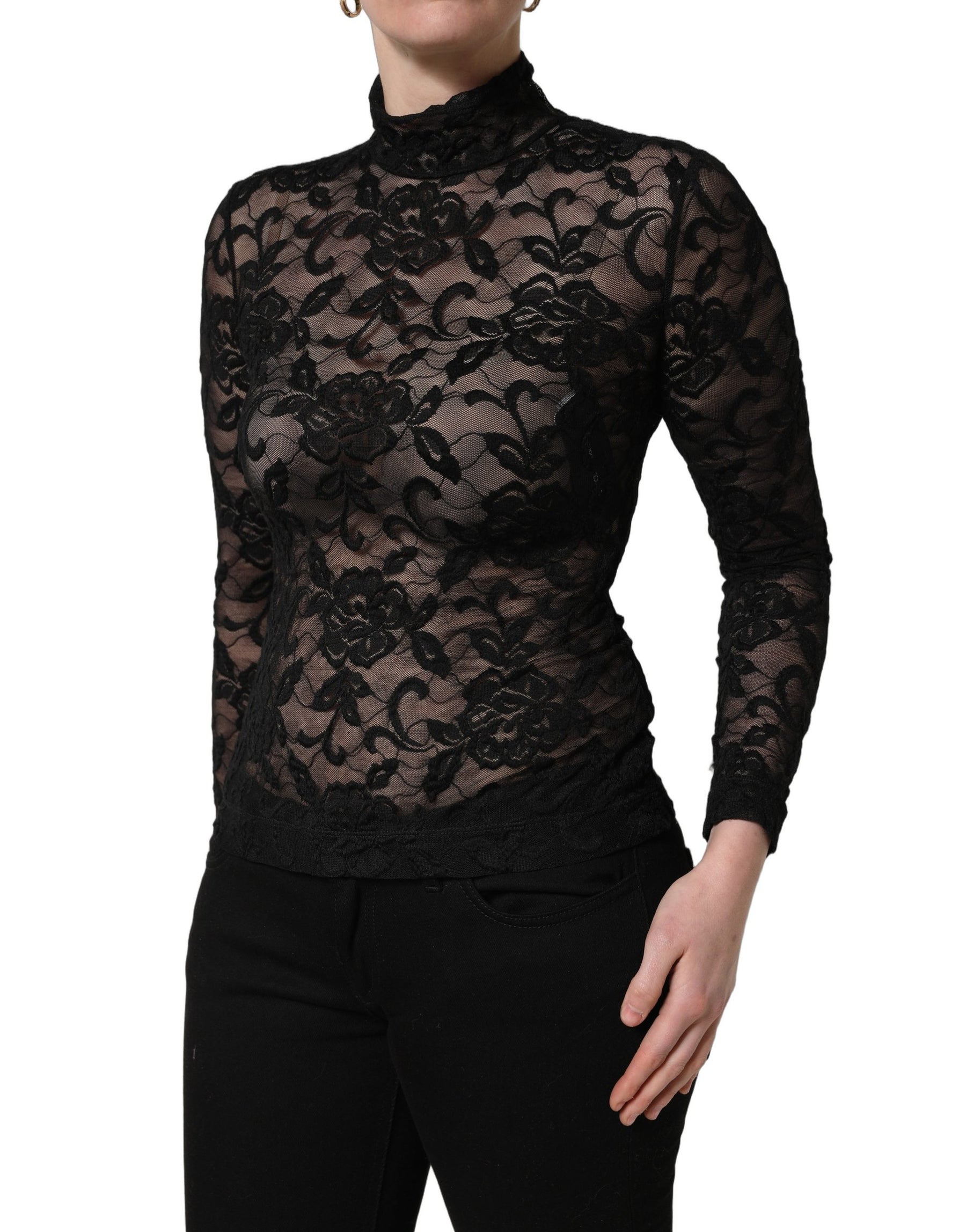 Dolce & Gabbana Black Floral Lace Turtle Neck Long Sleeve Top | Regal Royce