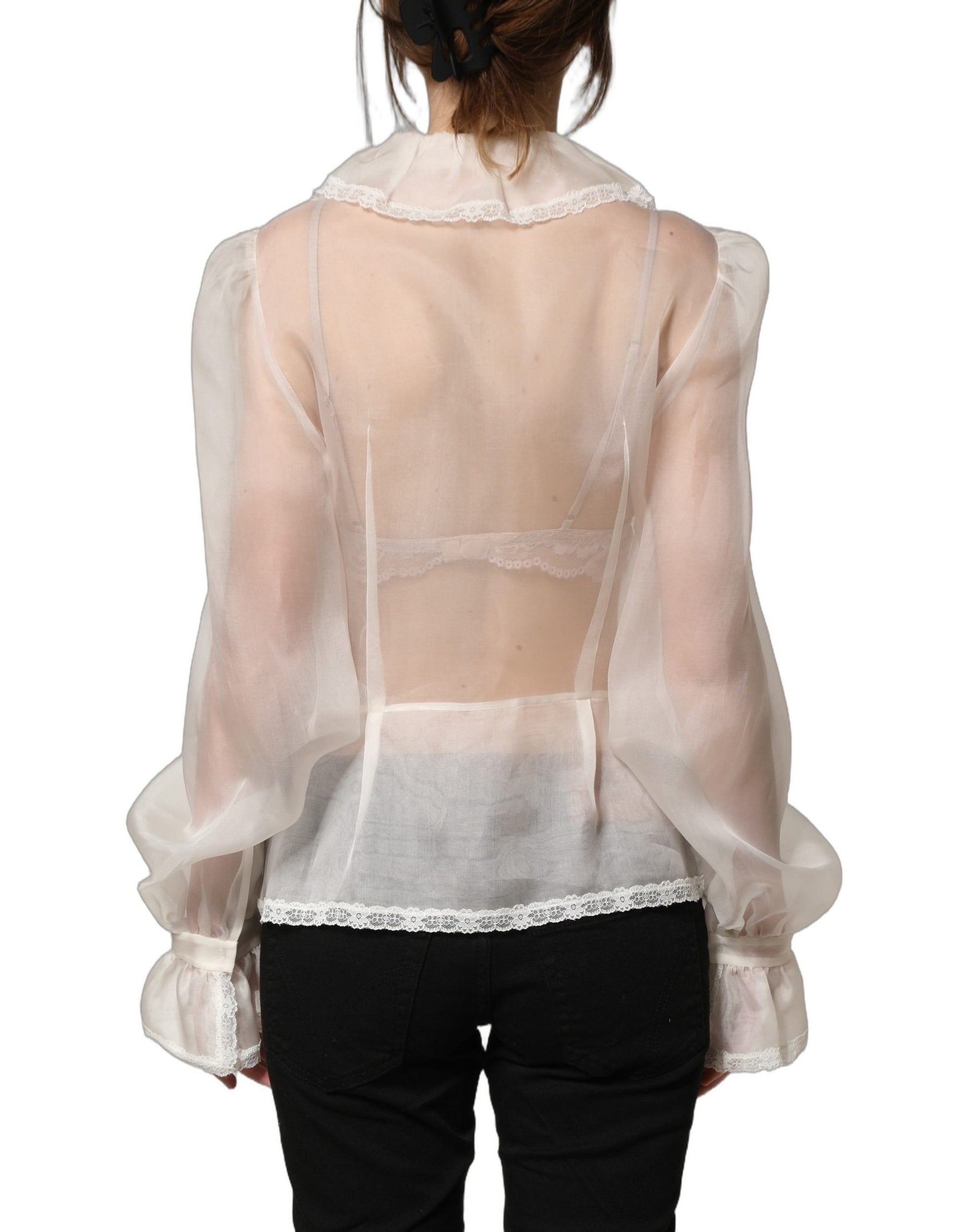 Dolce & Gabbana White Ruffled Sheer Silk Buttoned Blouse Top | Regal Royce