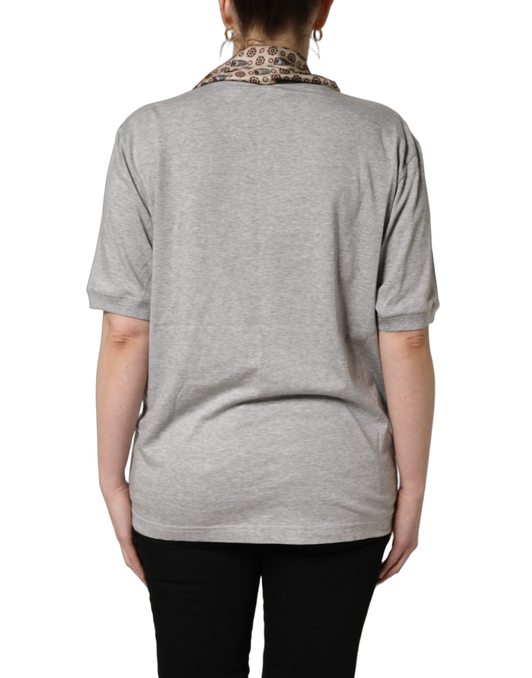 Dolce & Gabbana Gray Cotton V-neck Owl Silk Scarf Top T-shirt | Regal Royce
