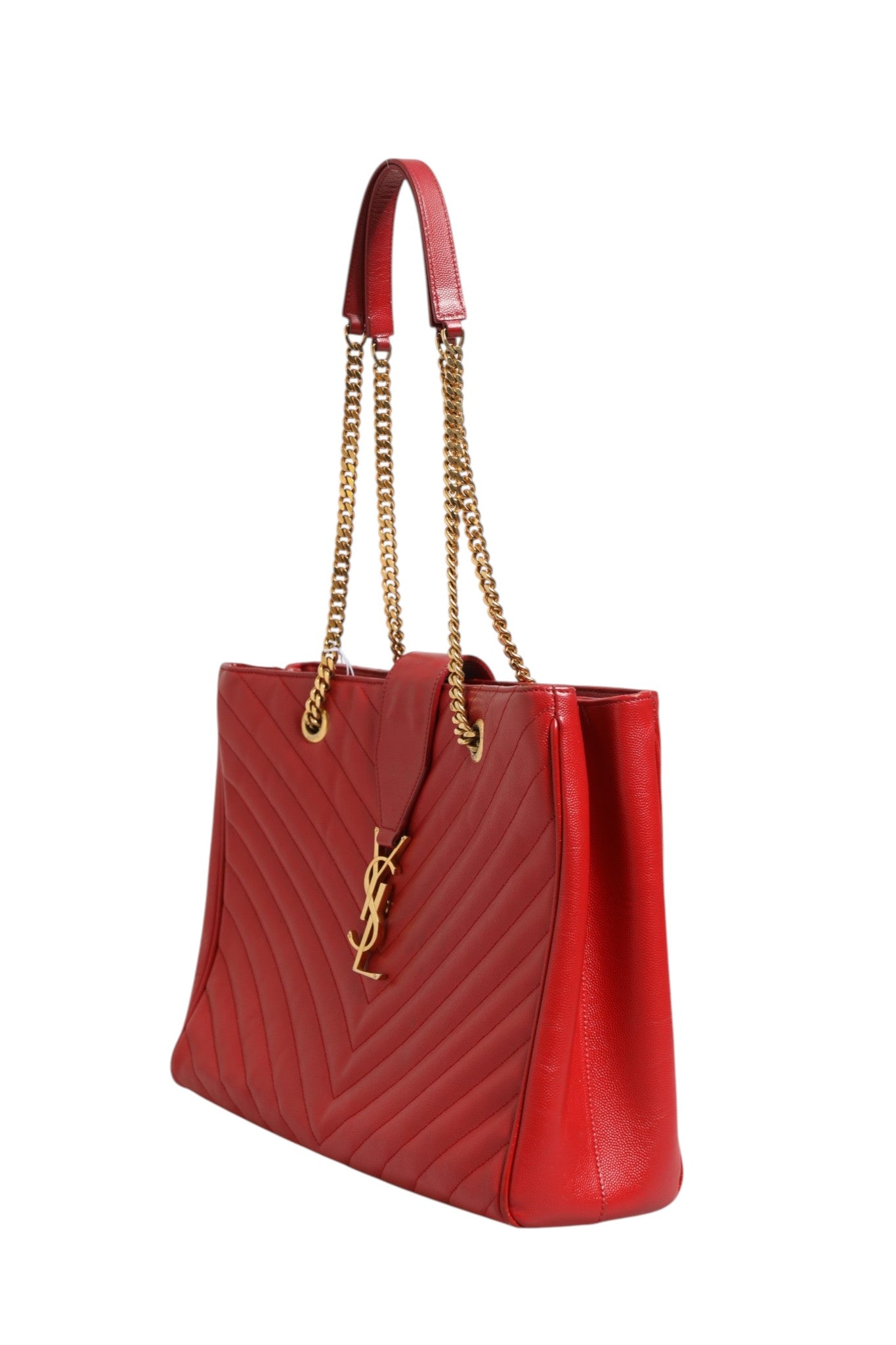 Saint Laurent Red Chevron Quilted Grained Leather Monogram Tote Bag | Regal Royce