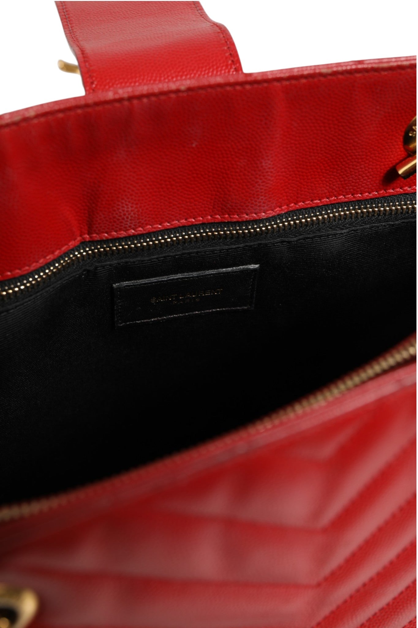 Saint Laurent Red Chevron Quilted Grained Leather Monogram Tote Bag | Regal Royce