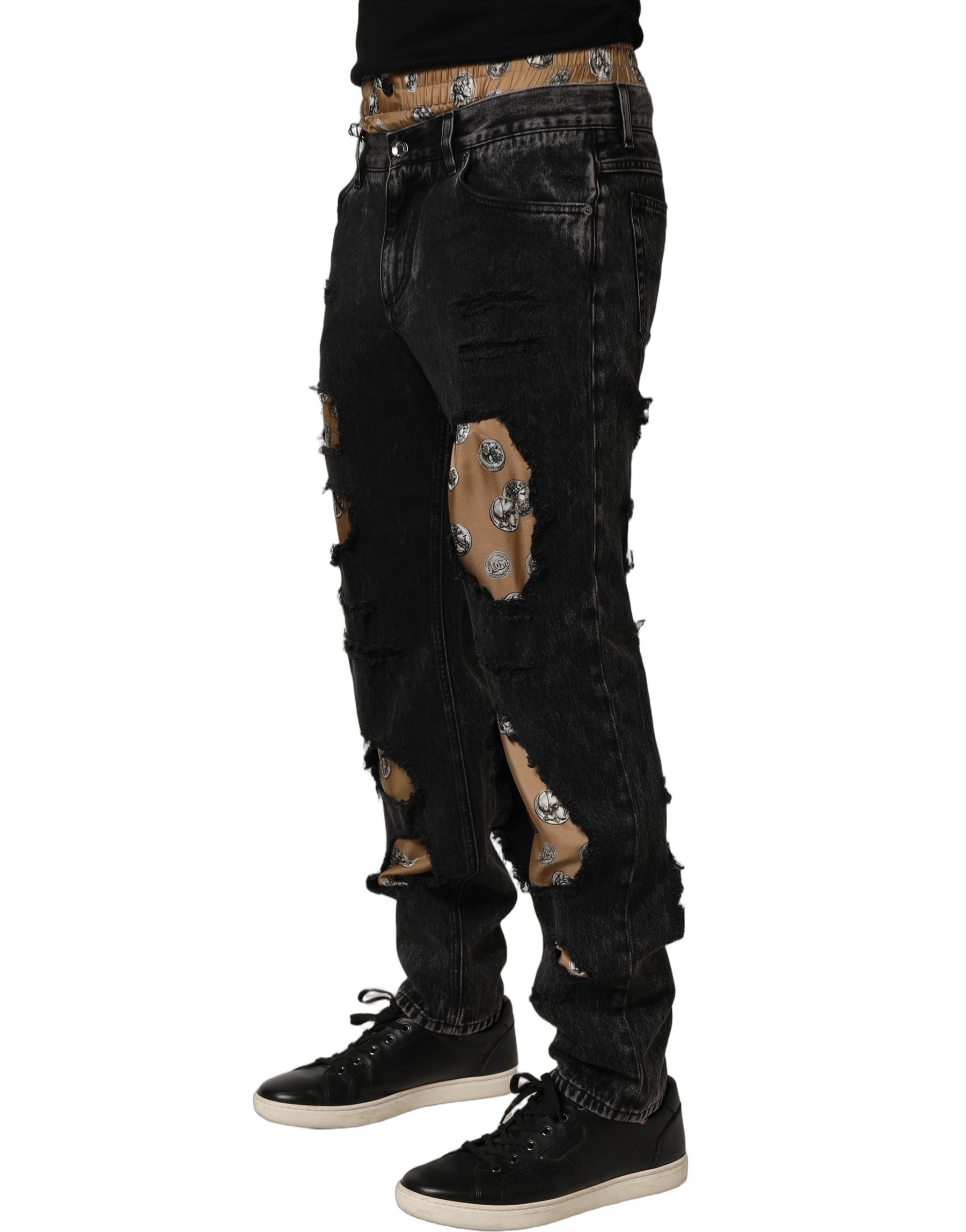 Dolce & Gabbana Black Distressed Cotton Straight Denim Jeans | Regal Royce
