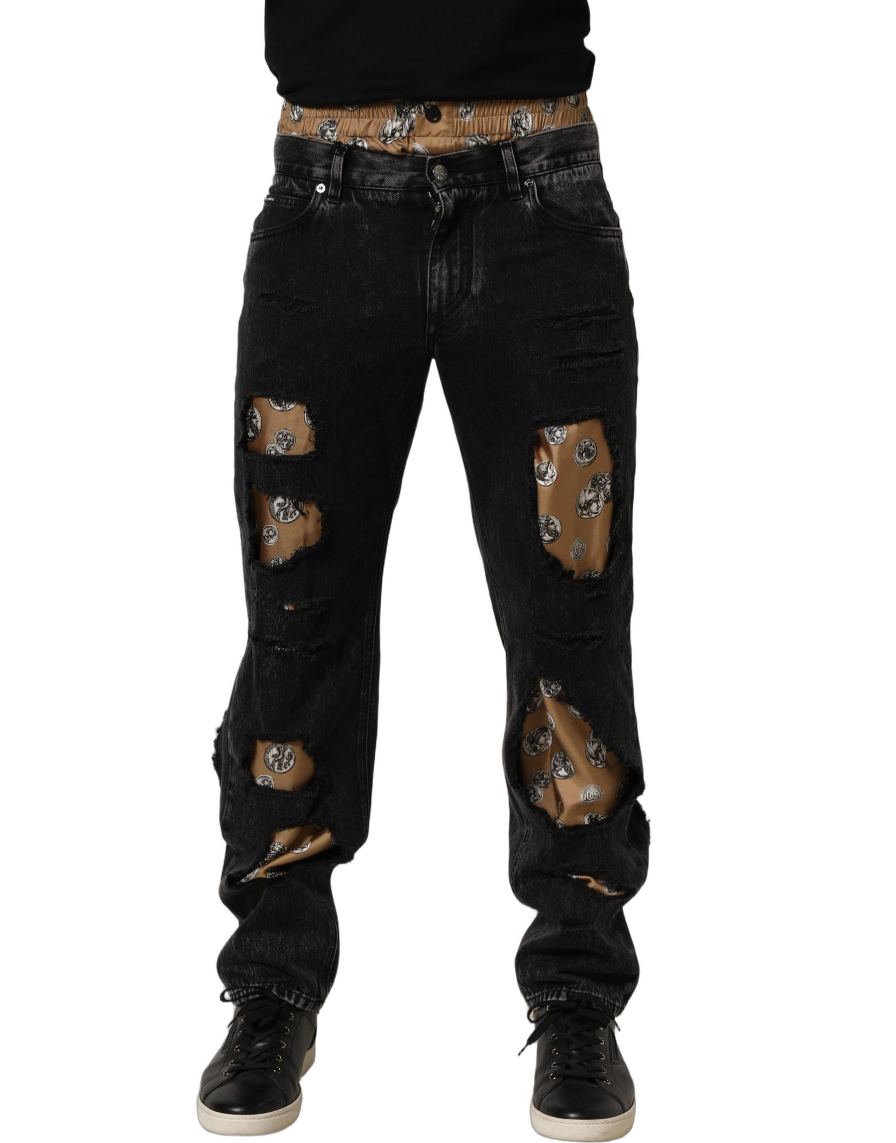 Dolce & Gabbana Black Distressed Cotton Straight Denim Jeans | Regal Royce