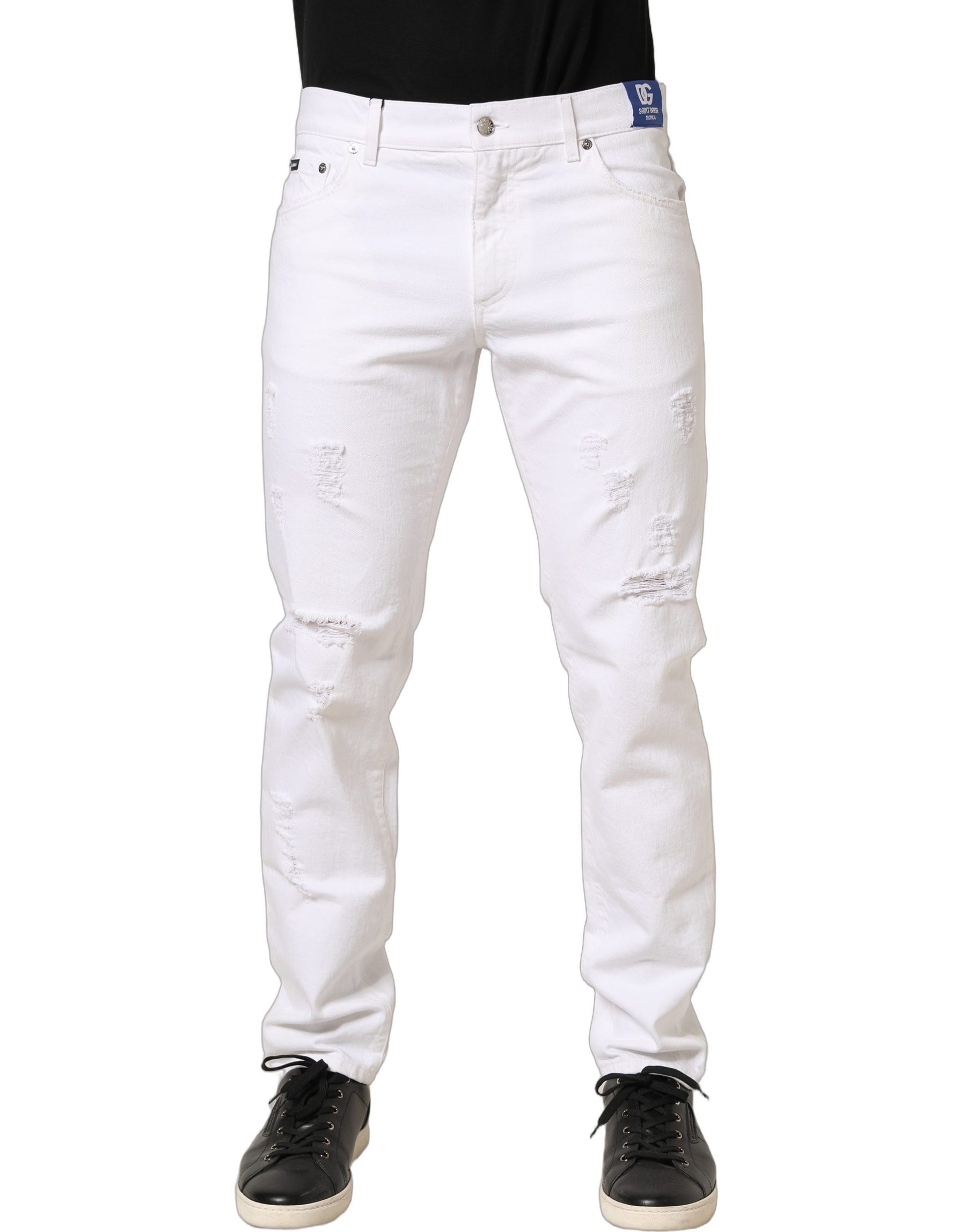 Dolce & Gabbana White Cotton Ripped Slim Fit Men Denim Jeans | Regal Royce