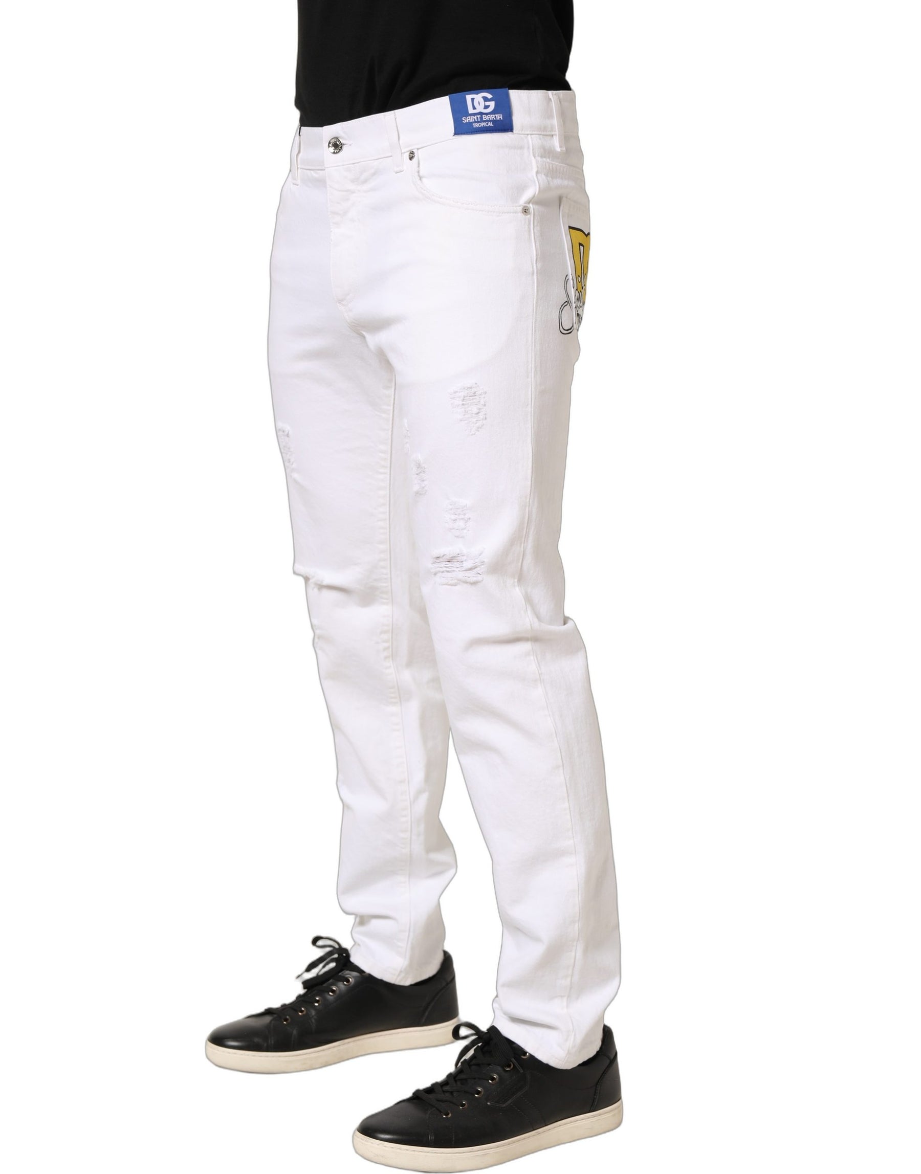 Dolce & Gabbana White Cotton Ripped Slim Fit Men Denim Jeans | Regal Royce